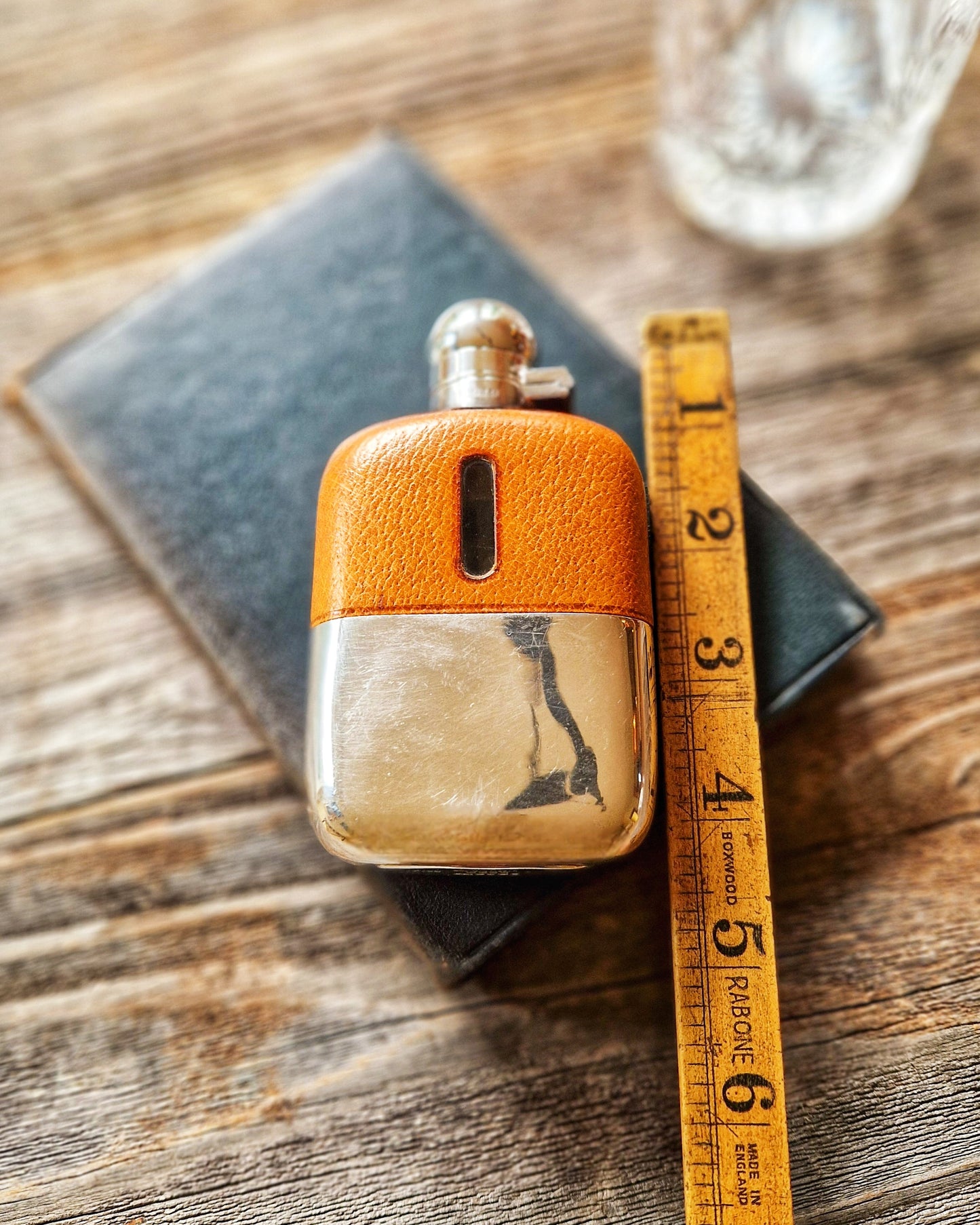 English Silver Plate & Leather Hip Flask by James Dixon | Mid-century 4-3/8 Inch Pocket Flask, Model 581A