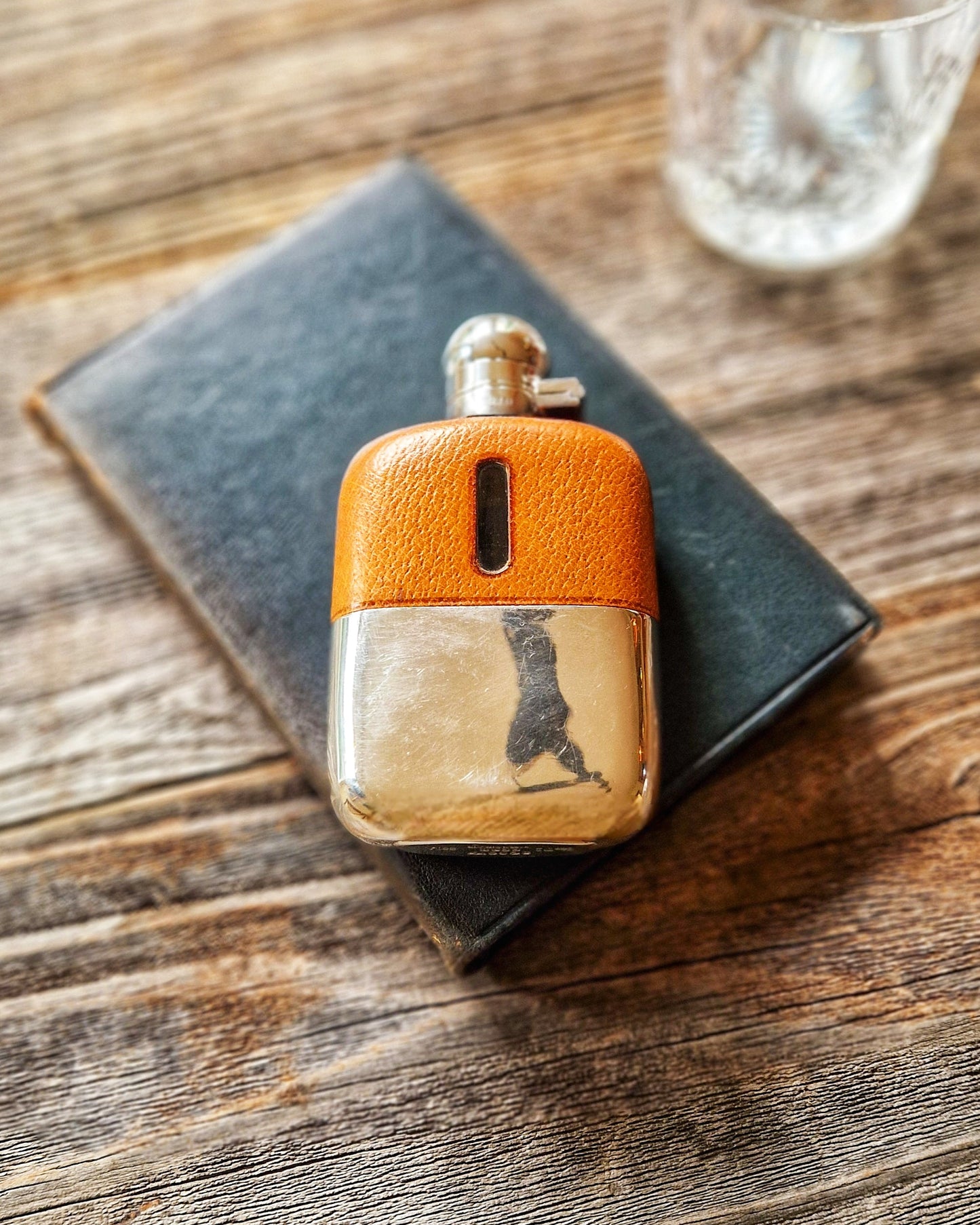 English Silver Plate & Leather Hip Flask by James Dixon | Mid-century 4-3/8 Inch Pocket Flask, Model 581A