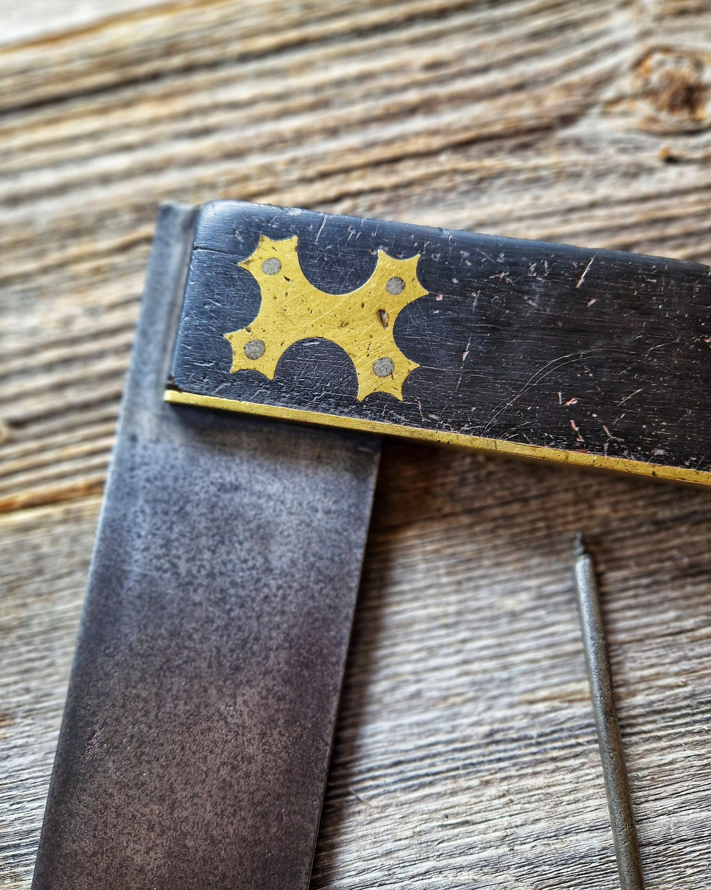 Antique English 14-Inch Try Square, c. 1860-1890 | Victorian Woodworking Tool with Cross-Form Brass Inlay