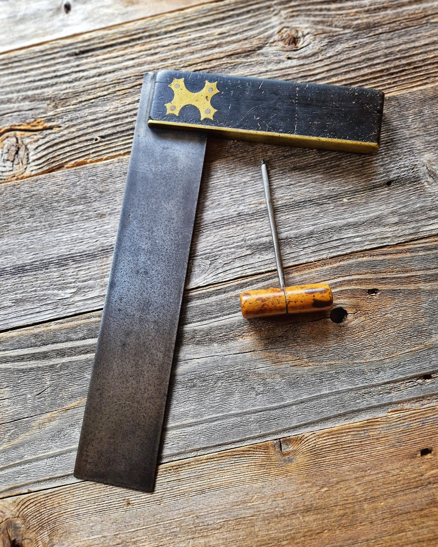 Antique English 14-Inch Try Square, c. 1860-1890 | Victorian Woodworking Tool with Cross-Form Brass Inlay