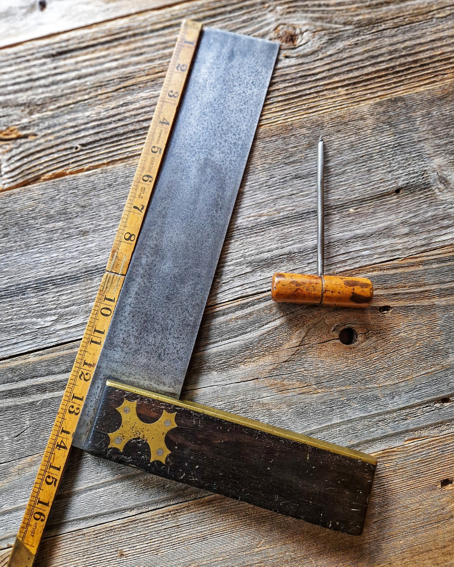 Antique English 14-Inch Try Square, c. 1860-1890 | Victorian Woodworking Tool with Cross-Form Brass Inlay