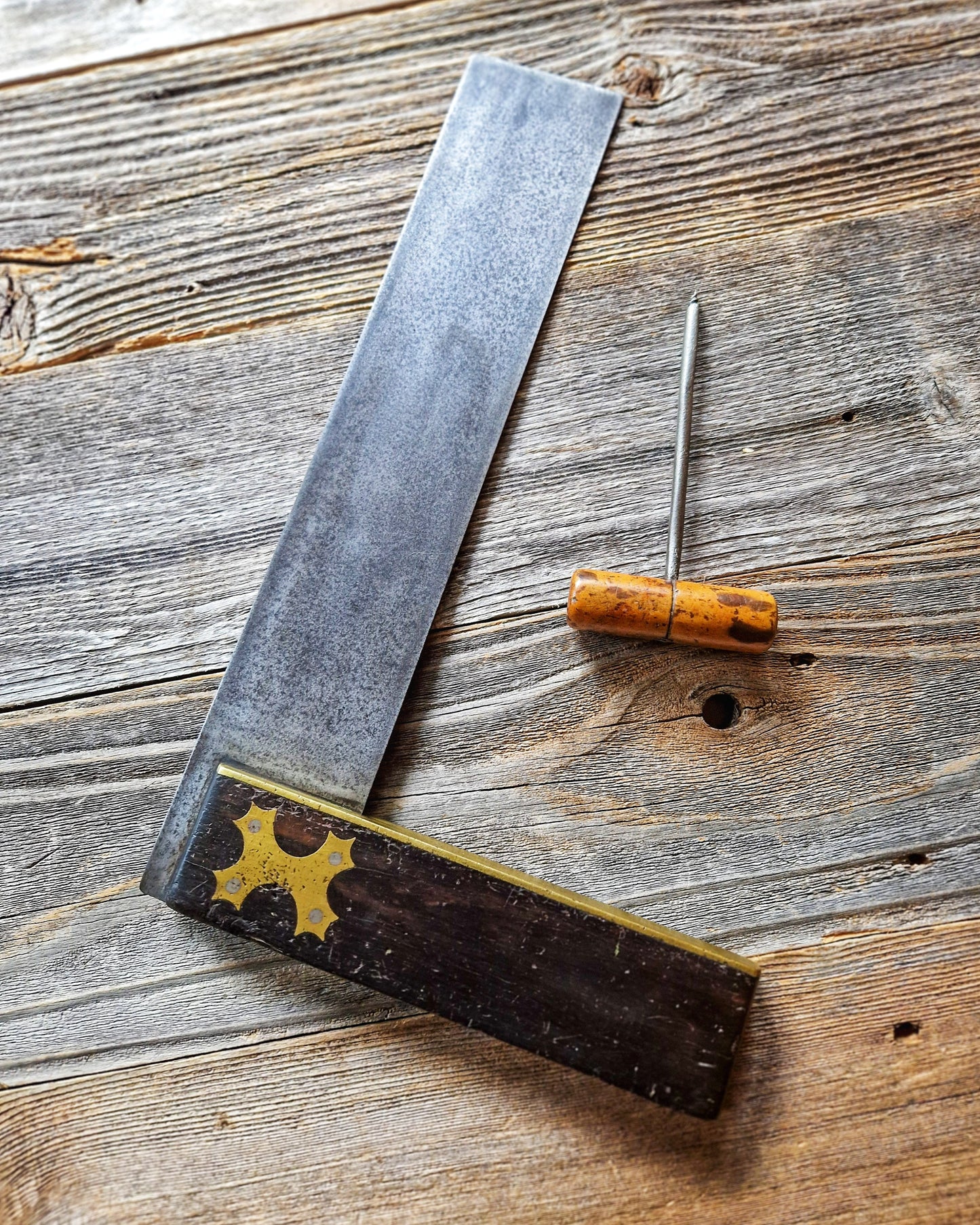 Antique English 14-Inch Try Square, c. 1860-1890 | Victorian Woodworking Tool with Cross-Form Brass Inlay