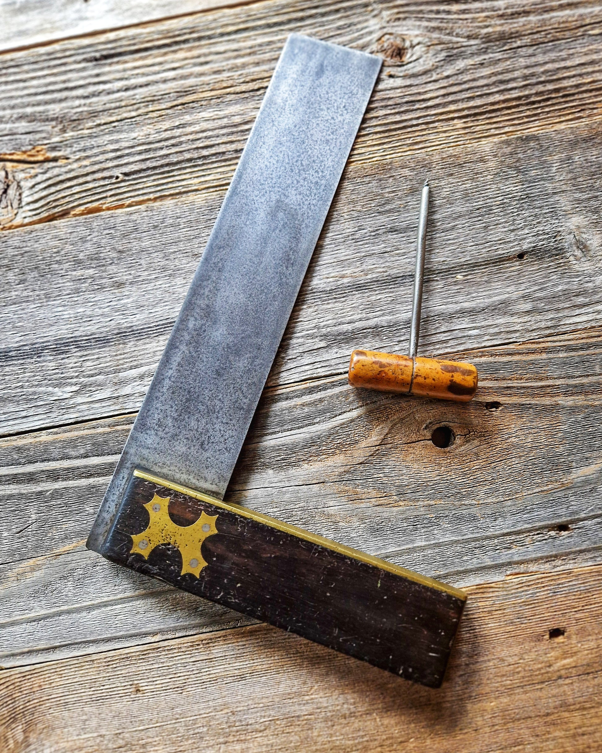 Antique English 14-Inch Try Square, c. 1860-1890 | Victorian Woodworking Tool with Cross-Form Brass Inlay