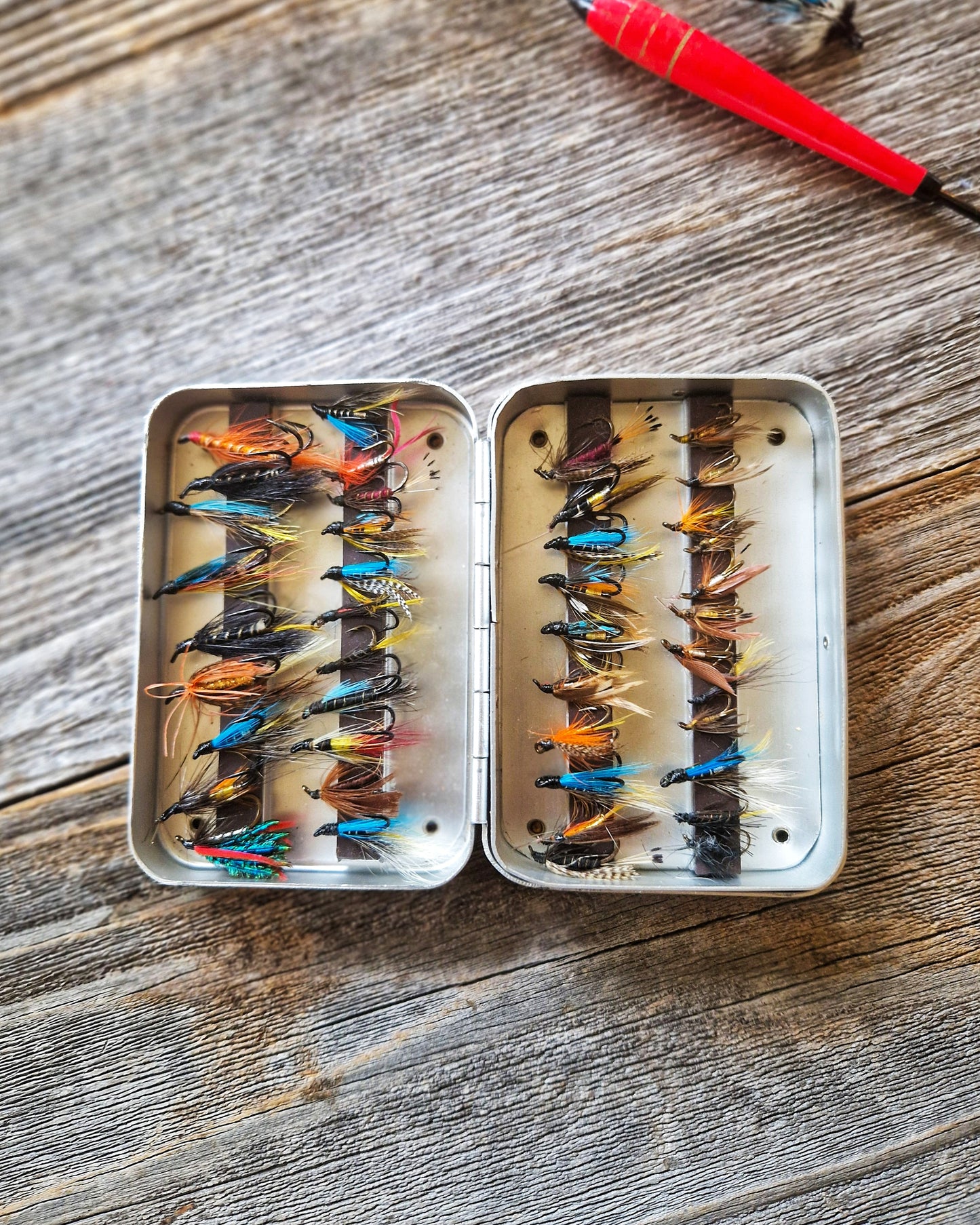 Vintage Wheatley Fly Box with 40+ Trout & Steelhead Flies | Silmalloy Aluminum Case with Magnetic Strips