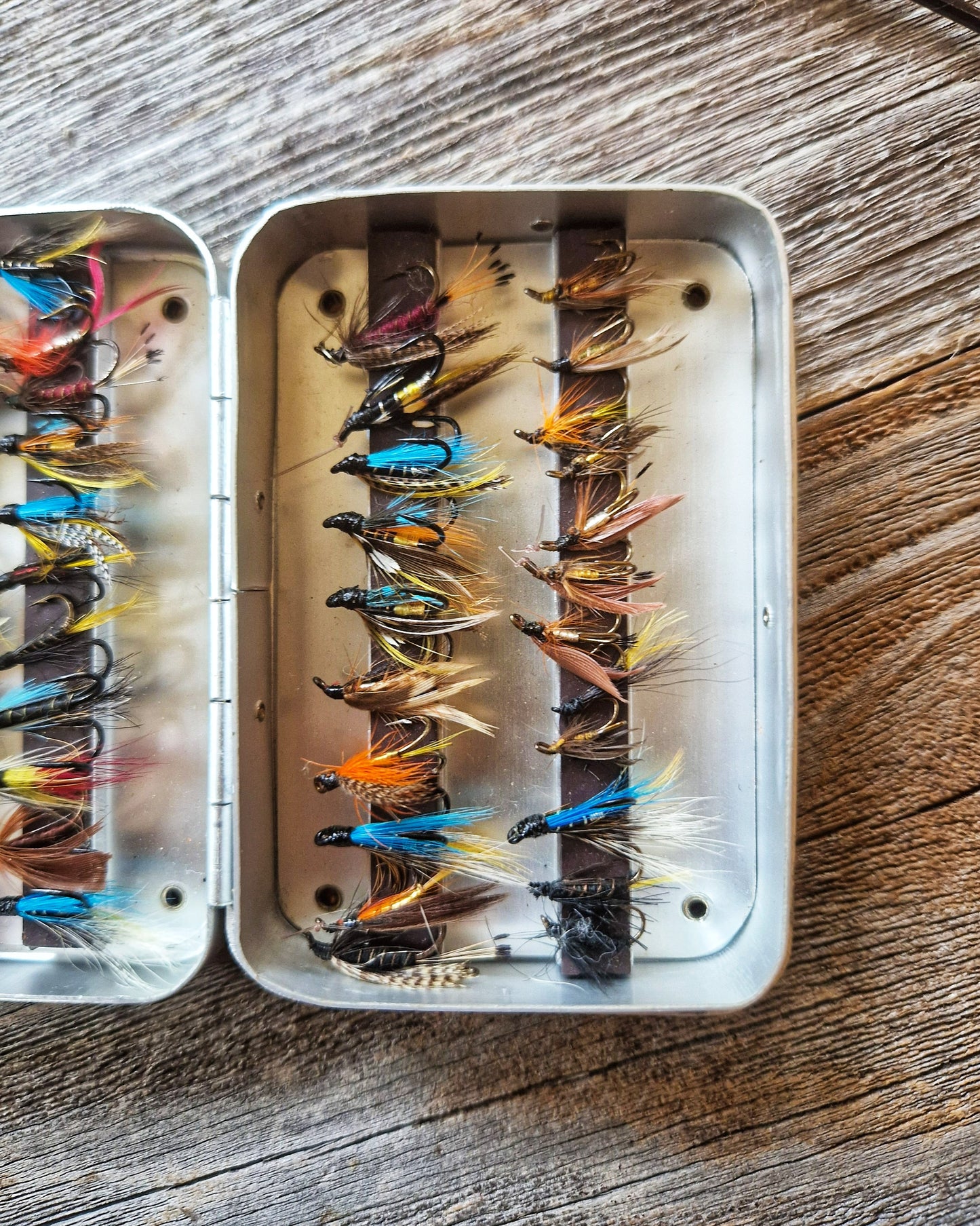 Vintage Wheatley Fly Box with 40+ Trout & Steelhead Flies | Silmalloy Aluminum Case with Magnetic Strips