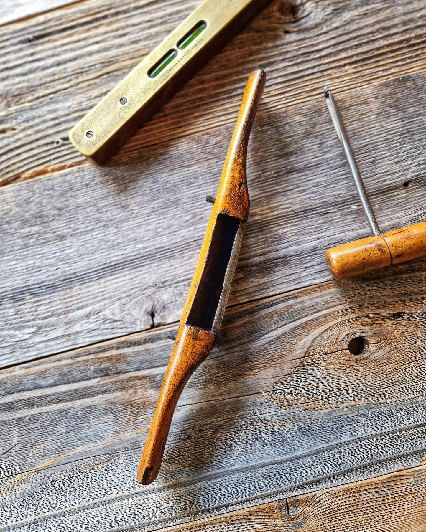 Large Antique Wooden Spokeshave | 11-Inch English Beechwood Tool with Brass Sole c. 1880-1920