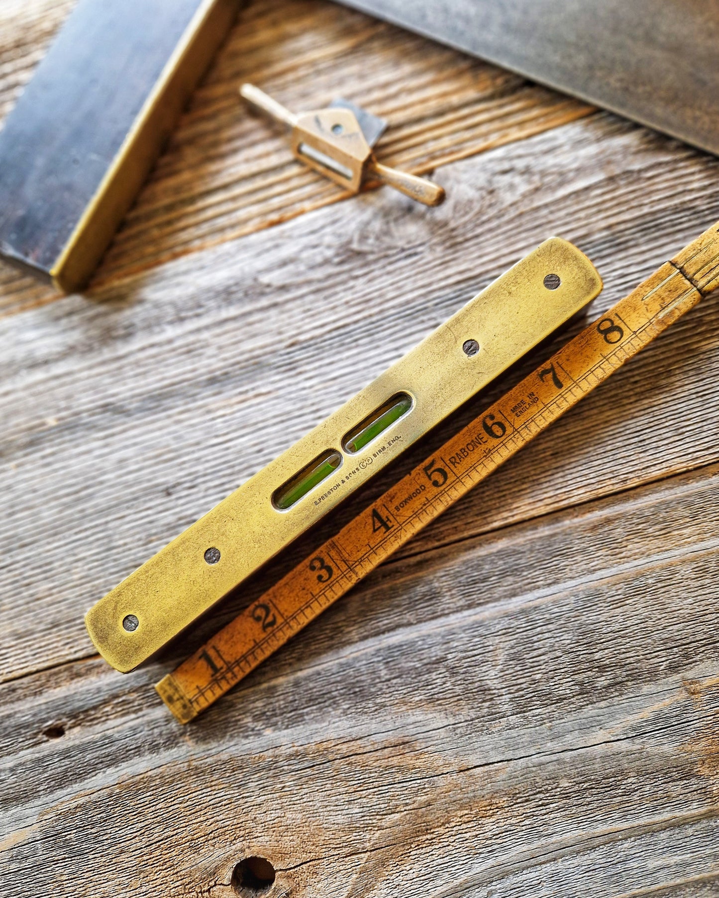 Antique 8-Inch Spirit Level by E. Preston & Sons | English Brass & Hardwood Tool c. 1890-1915