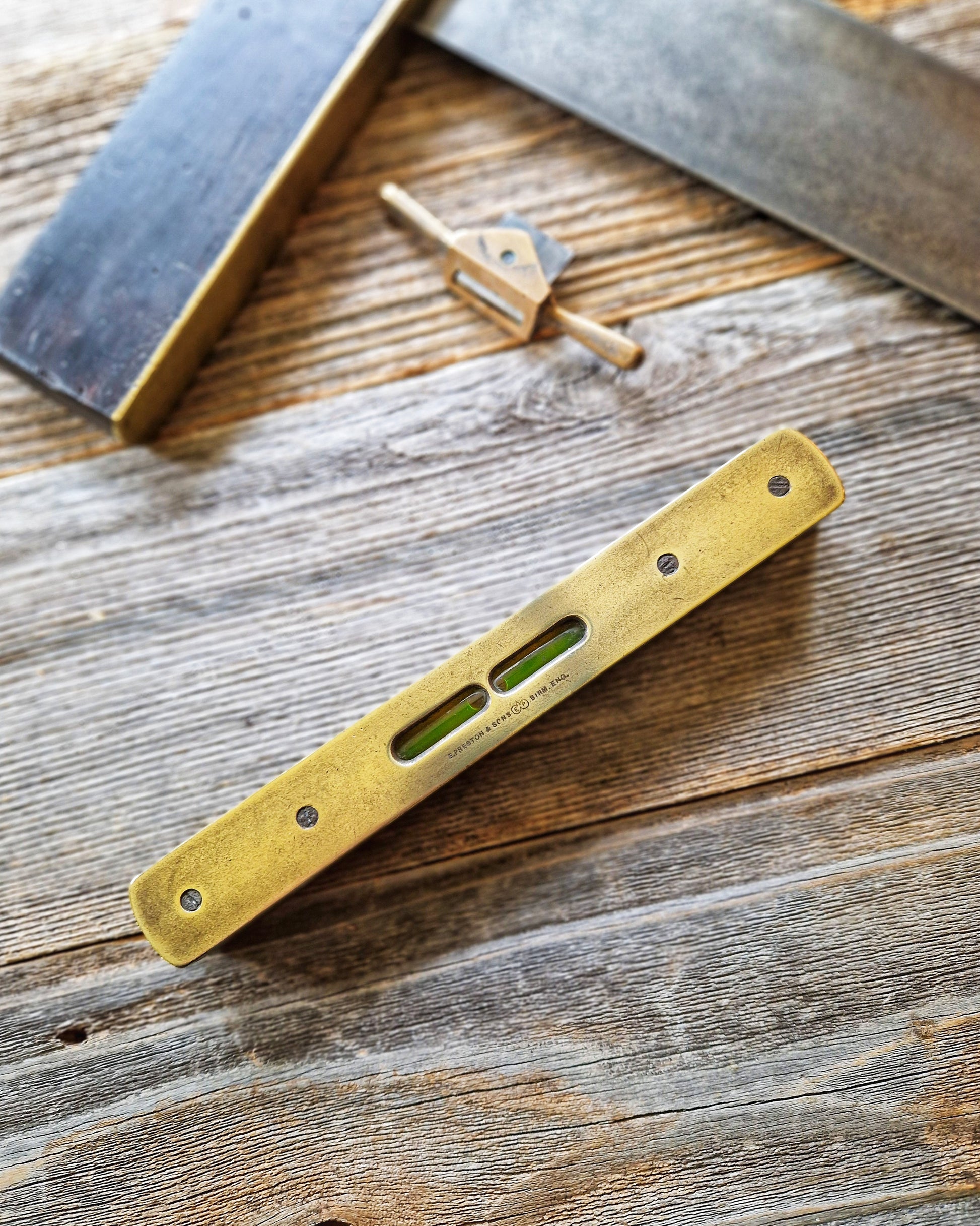 Antique 8-Inch Spirit Level by E. Preston & Sons | English Brass & Hardwood Tool c. 1890-1915