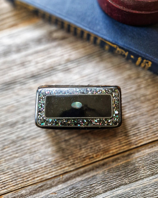Victorian Papier Mache Snuff Box in Black Lacquer with Mother of Pearl Inlay | Antique Tobacciana c. 1870-1900