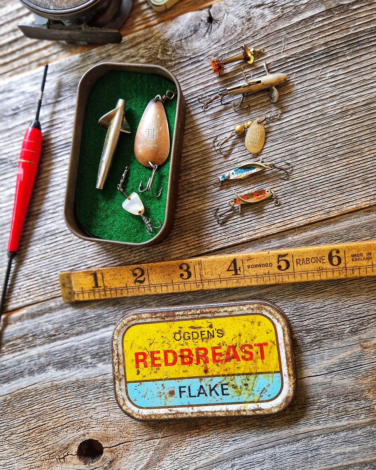 8 Vintage Fishing Lures including Hardy Bros, Mepps | Angling Collectibles in Original Tobacco Tin, c. 1930-1950