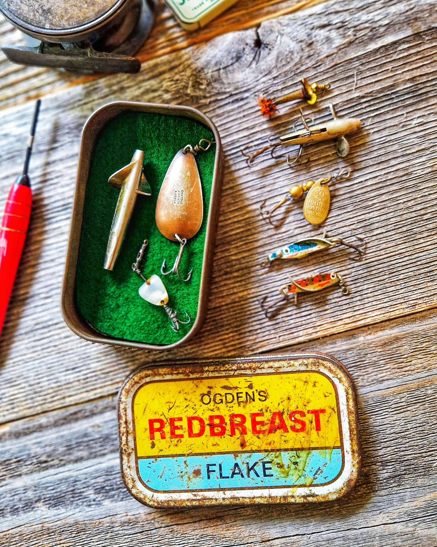 8 Vintage Fishing Lures including Hardy Bros, Mepps | Angling Collectibles in Original Tobacco Tin, c. 1930-1950