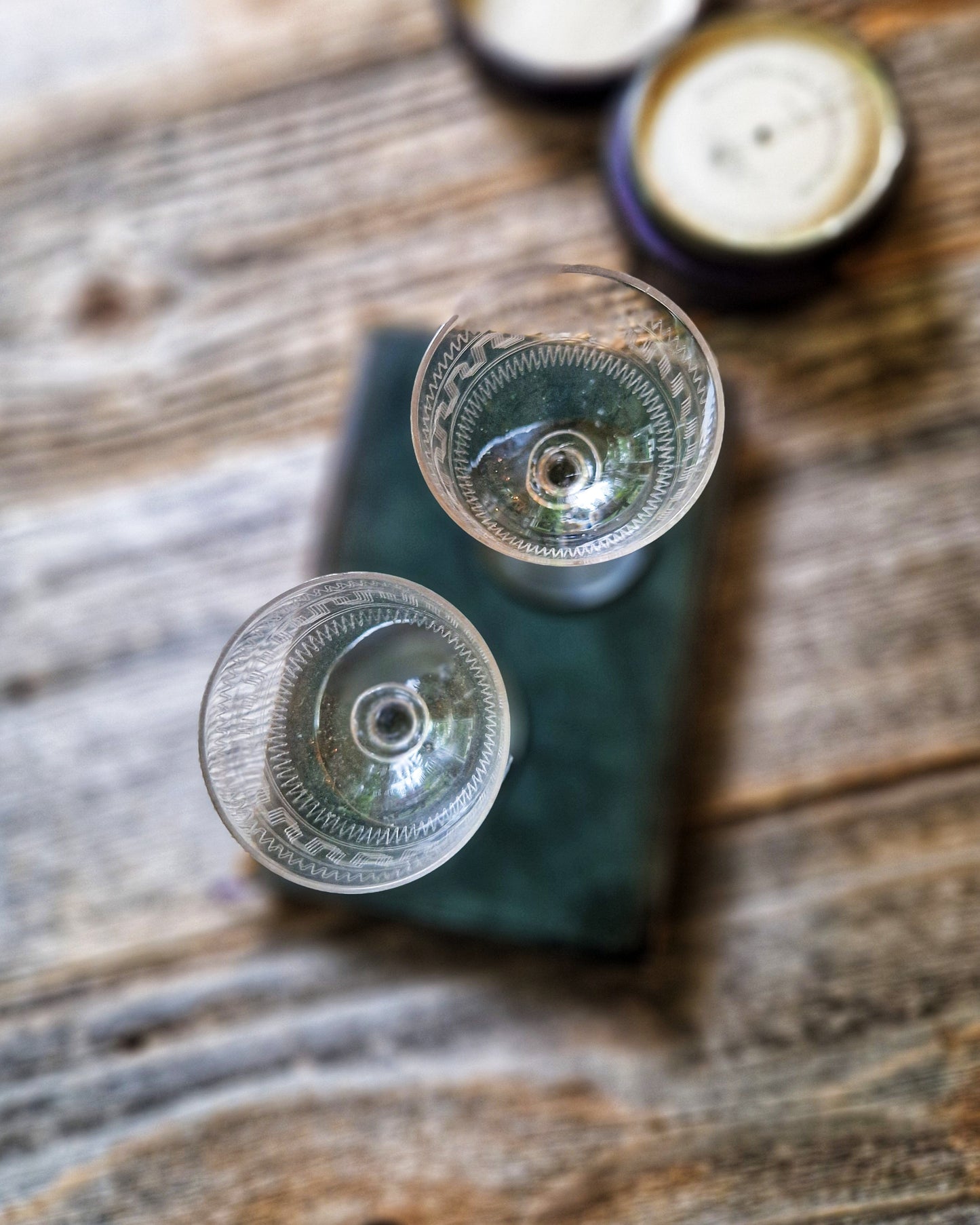 Pair of Edwardian Port Glasses c. 1890-1910 | English Antique Barware, Greek Key Engraving
