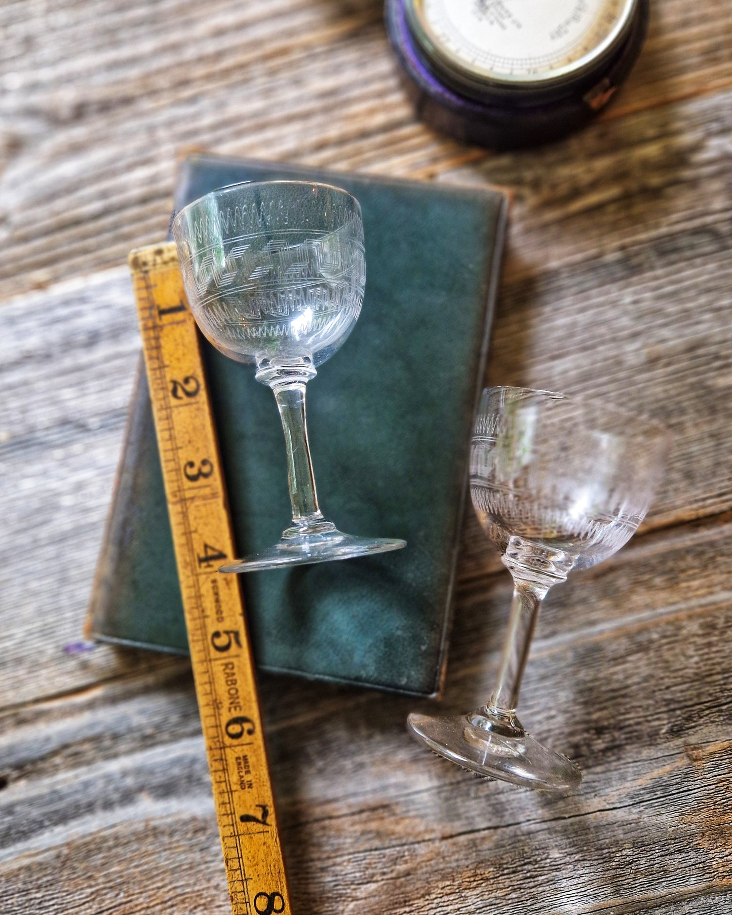 Pair of Edwardian Port Glasses c. 1890-1910 | English Antique Barware, Greek Key Engraving