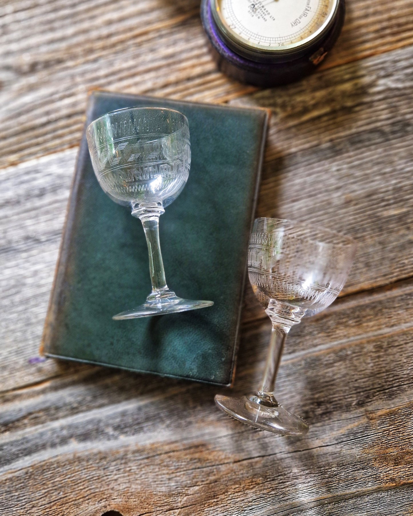 Pair of Edwardian Port Glasses c. 1890-1910 | English Antique Barware, Greek Key Engraving