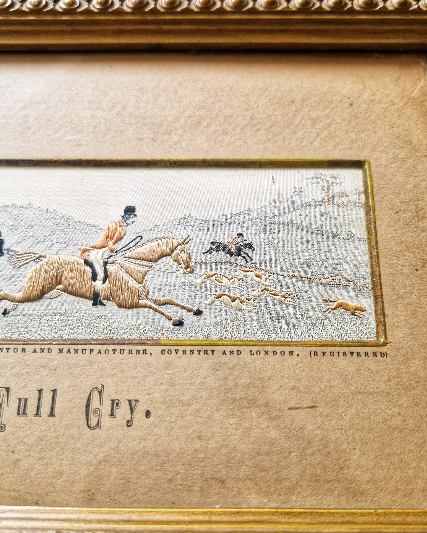 Late Victorian Framed Stevengraph “Full Cry” | Woven Silk Fox Hunting Picture c. 1890-1898
