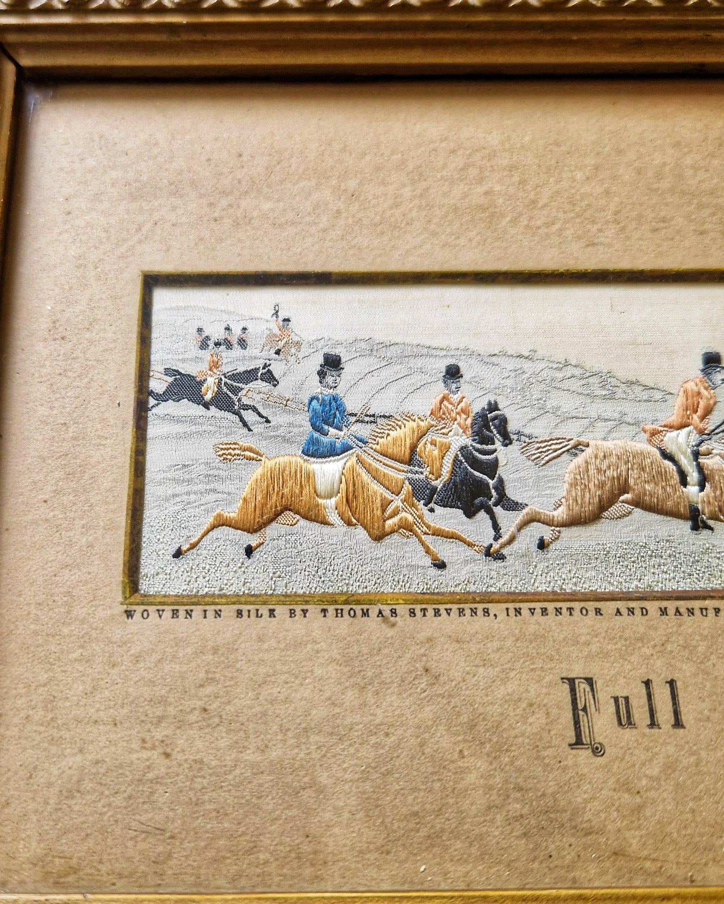Late Victorian Framed Stevengraph “Full Cry” | Woven Silk Fox Hunting Picture c. 1890-1898