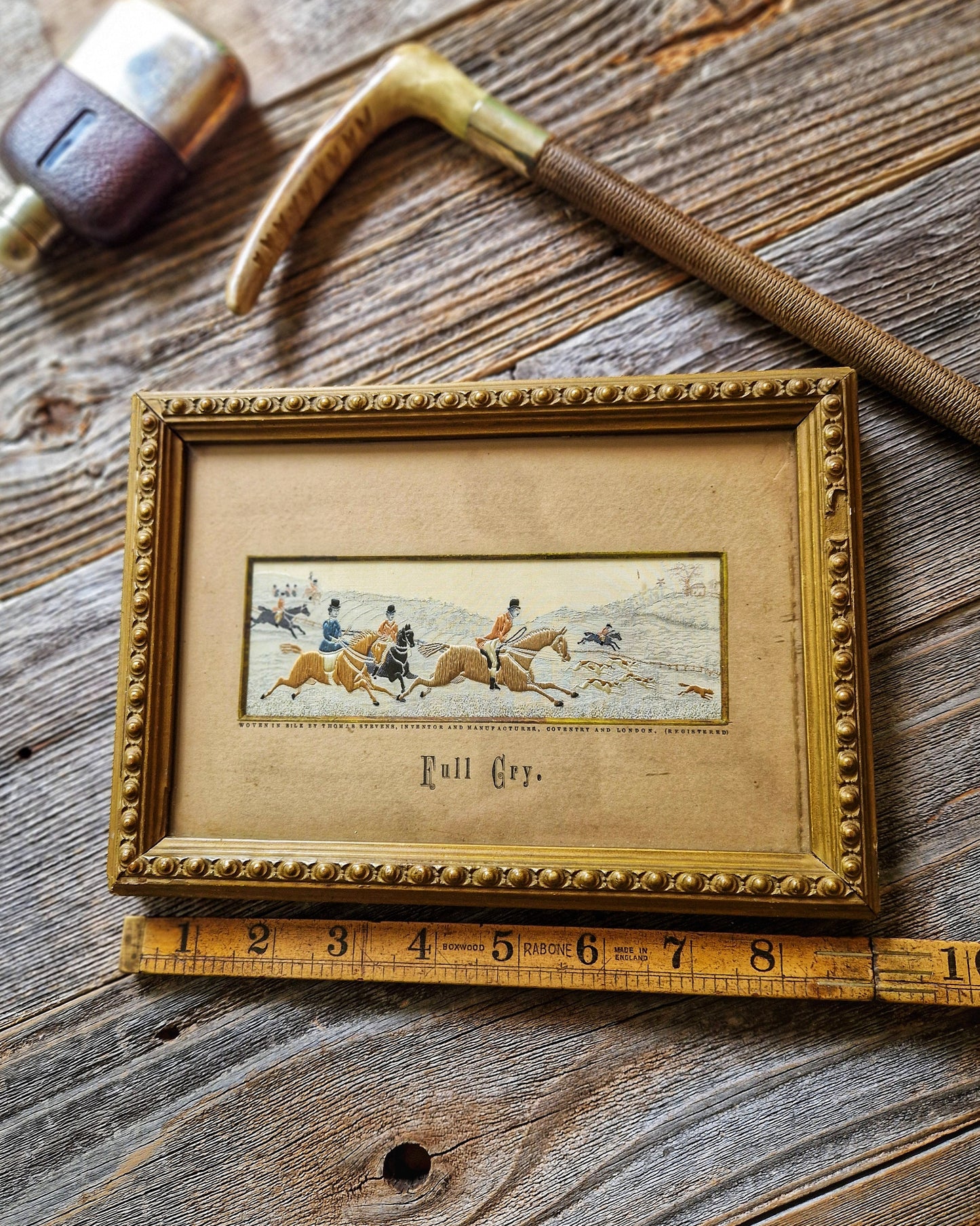 Late Victorian Framed Stevengraph “Full Cry” | Woven Silk Fox Hunting Picture c. 1890-1898