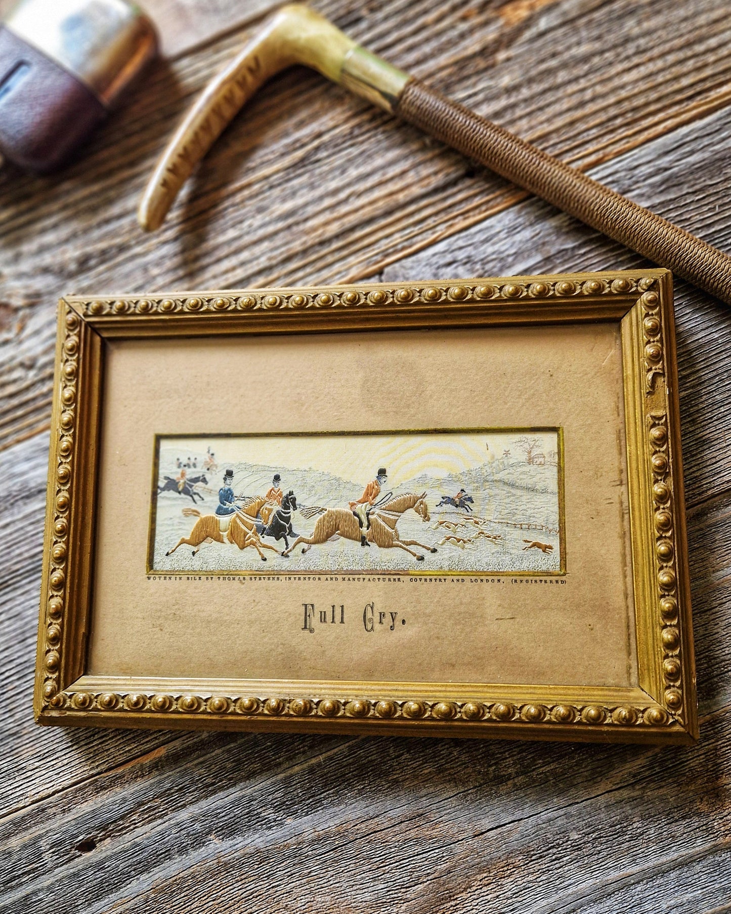 Late Victorian Framed Stevengraph “Full Cry” | Woven Silk Fox Hunting Picture c. 1890-1898