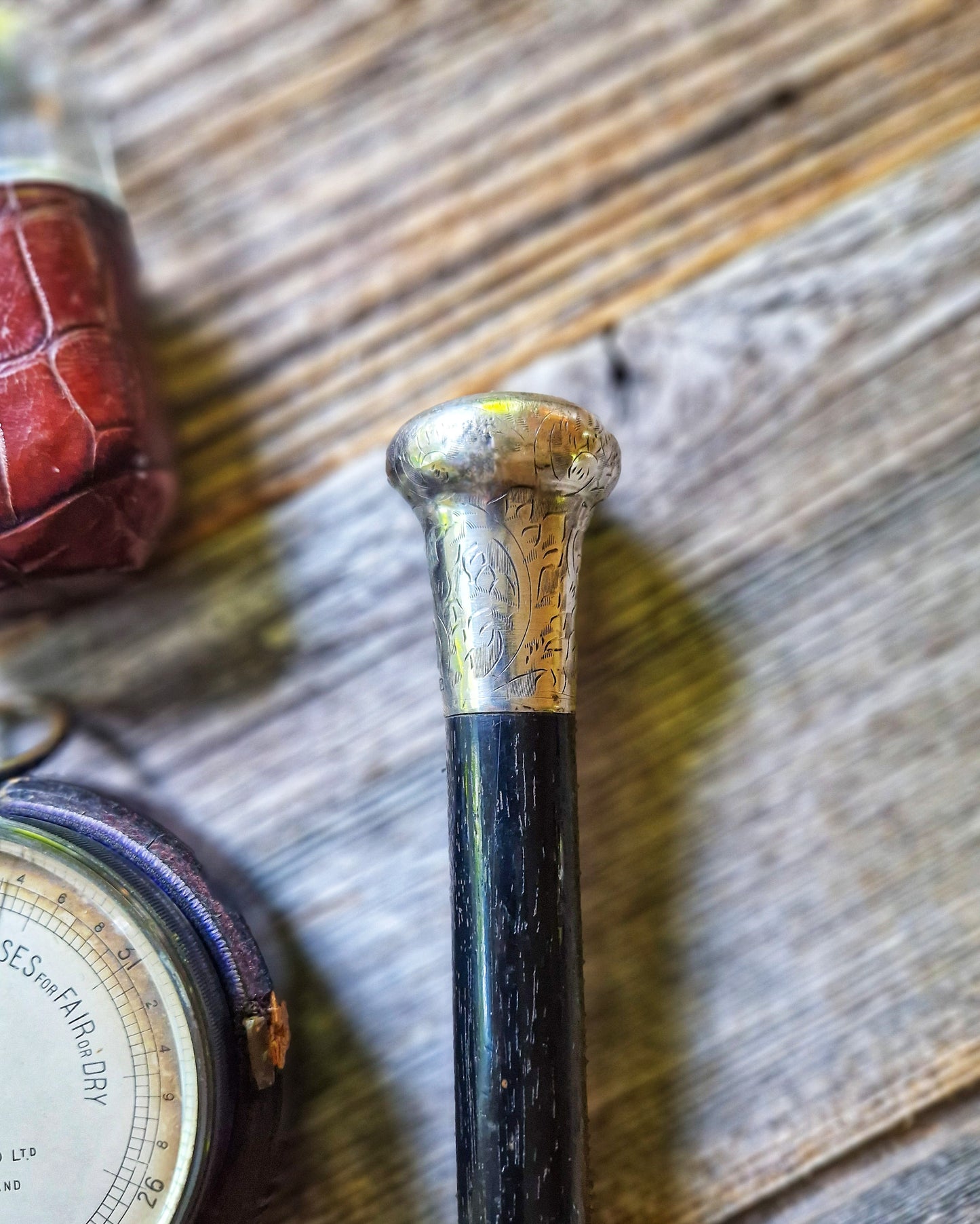 Antique Walking Cane with Sterling Silver Pommel Top and Ebonized Hardwood Shaft | Birmingham 1924-25