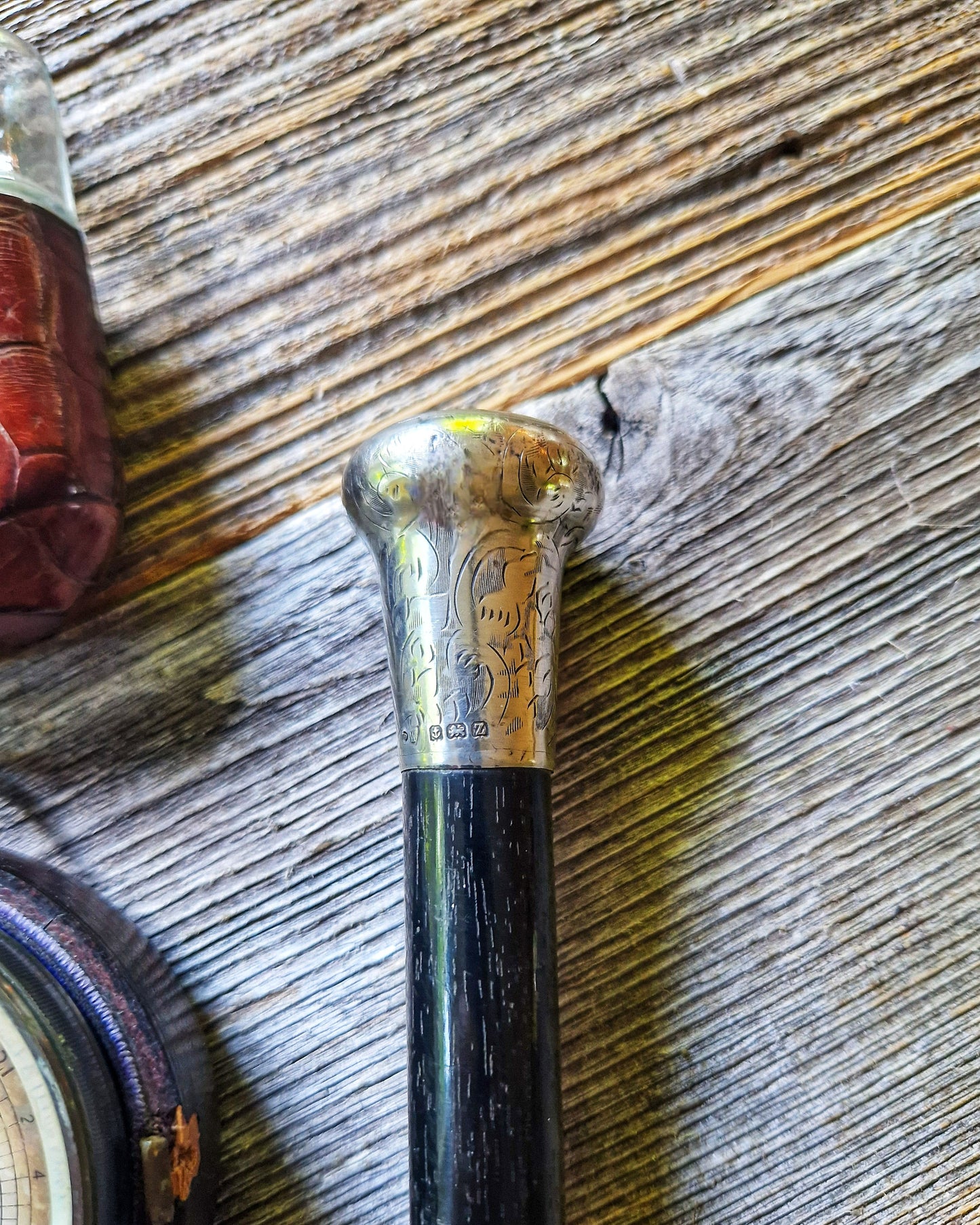 Antique Walking Cane with Sterling Silver Pommel Top and Ebonized Hardwood Shaft | Birmingham 1924-25