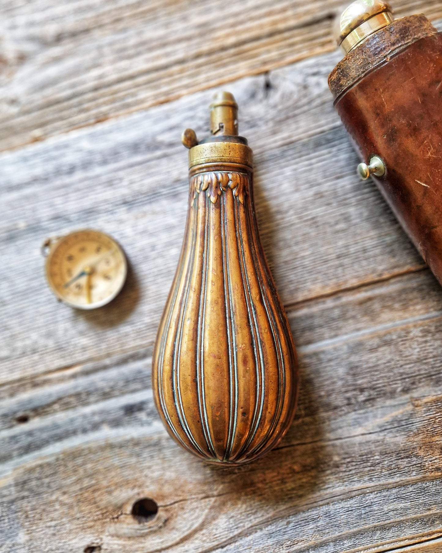 Victorian Gunpowder Flask c. 1850-1870 | Antique Copper & Brass Sporting Accessory