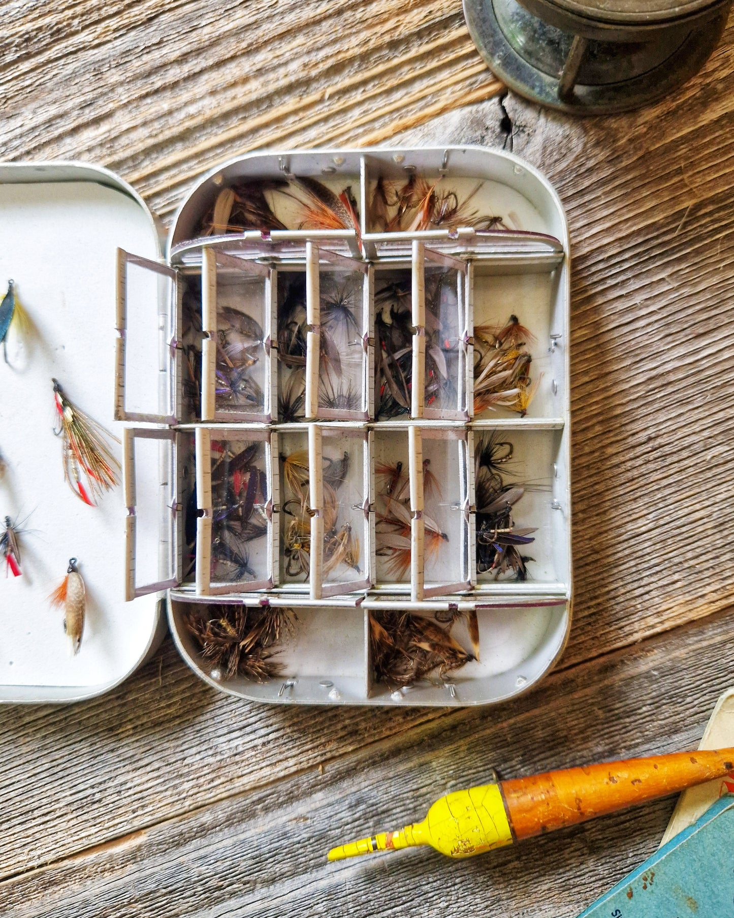 Vintage Wheatley Fly Box with 70+ Trout Flies | Silmalloy Aluminum Case with 12 Compartments