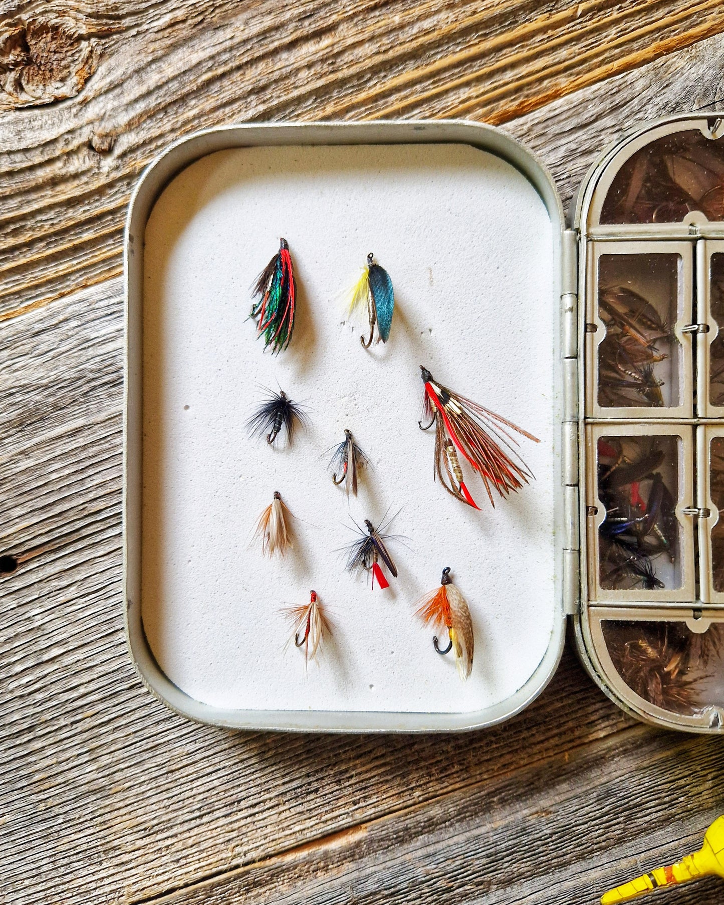 Vintage Wheatley Fly Box with 70+ Trout Flies | Silmalloy Aluminum Case with 12 Compartments
