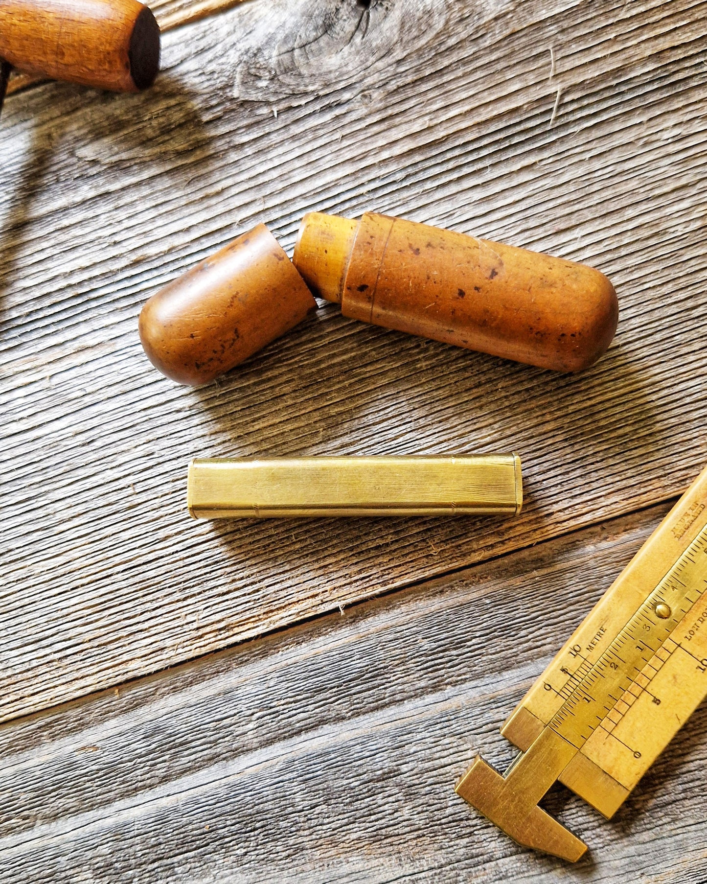 Antique English Brass Pocket Spirit Level c. 1890-1925 | Compact Portable Tool in Boxwood Tube