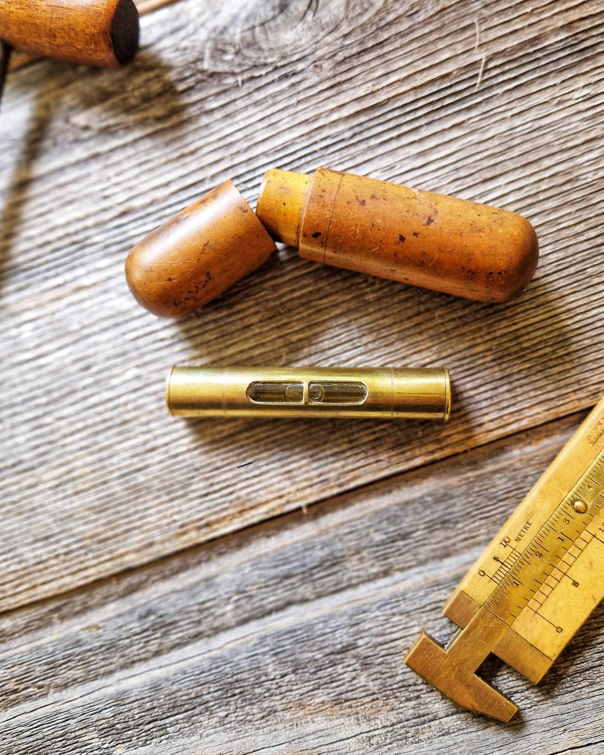 Antique English Brass Pocket Spirit Level c. 1890-1925 | Compact Portable Tool in Boxwood Tube 