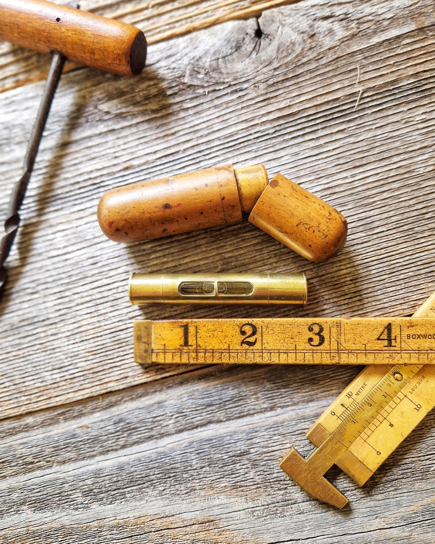 Antique English Brass Pocket Spirit Level c. 1890-1925 | Compact Portable Tool in Boxwood Tube