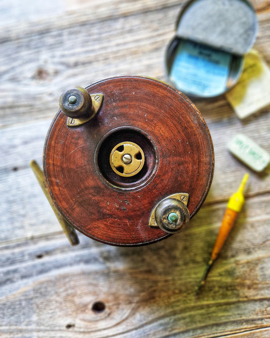6-Inch Starback Wood & Brass Fishing Reel | Vintage English Fishing Tackle, c. 1920-1940