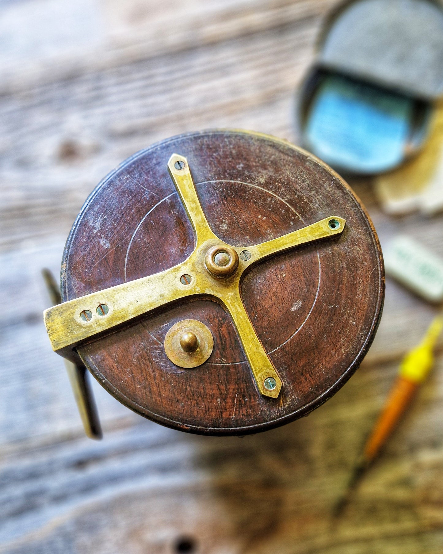6-Inch Starback Wood & Brass Fishing Reel | Vintage English Fishing Tackle, c. 1920-1940