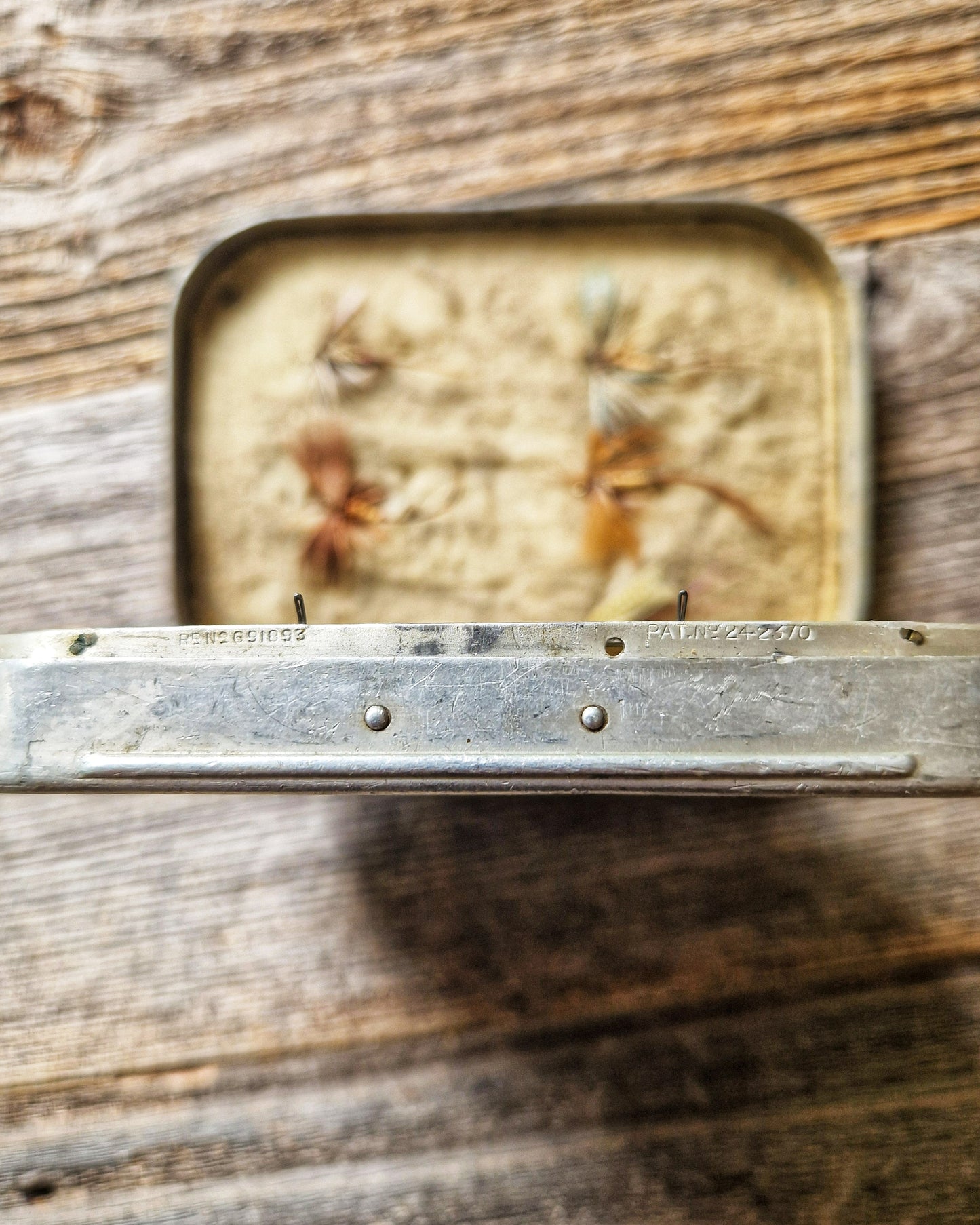 Vintage Wheatley Fly Box with 30 Flies, c. 1925-1940 | Aluminum Case with 12 Compartments, Wool Liner