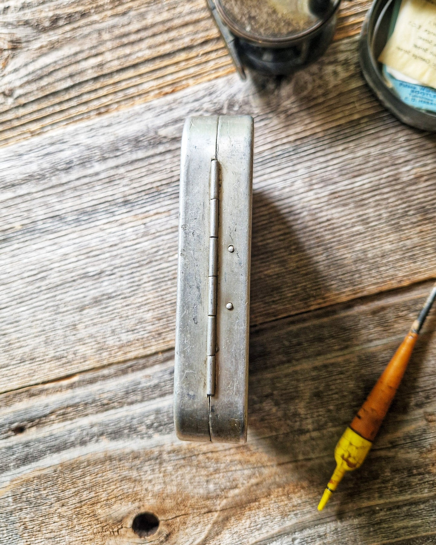 Vintage Wheatley Fly Box with 30 Flies, c. 1925-1940 | Aluminum Case with 12 Compartments, Wool Liner