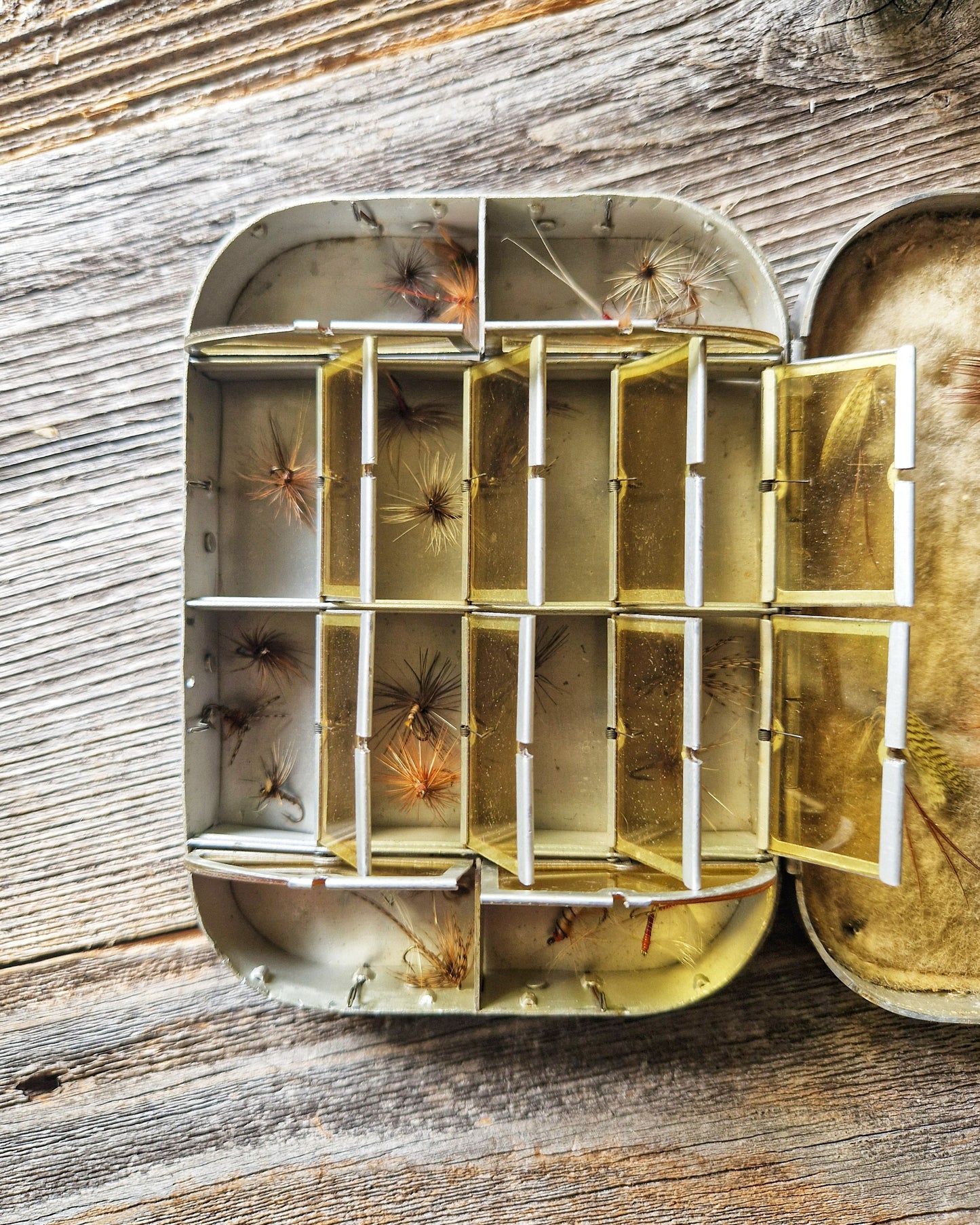 Vintage Wheatley Fly Box with 30 Flies, c. 1925-1940 | Aluminum Case with 12 Compartments, Wool Liner