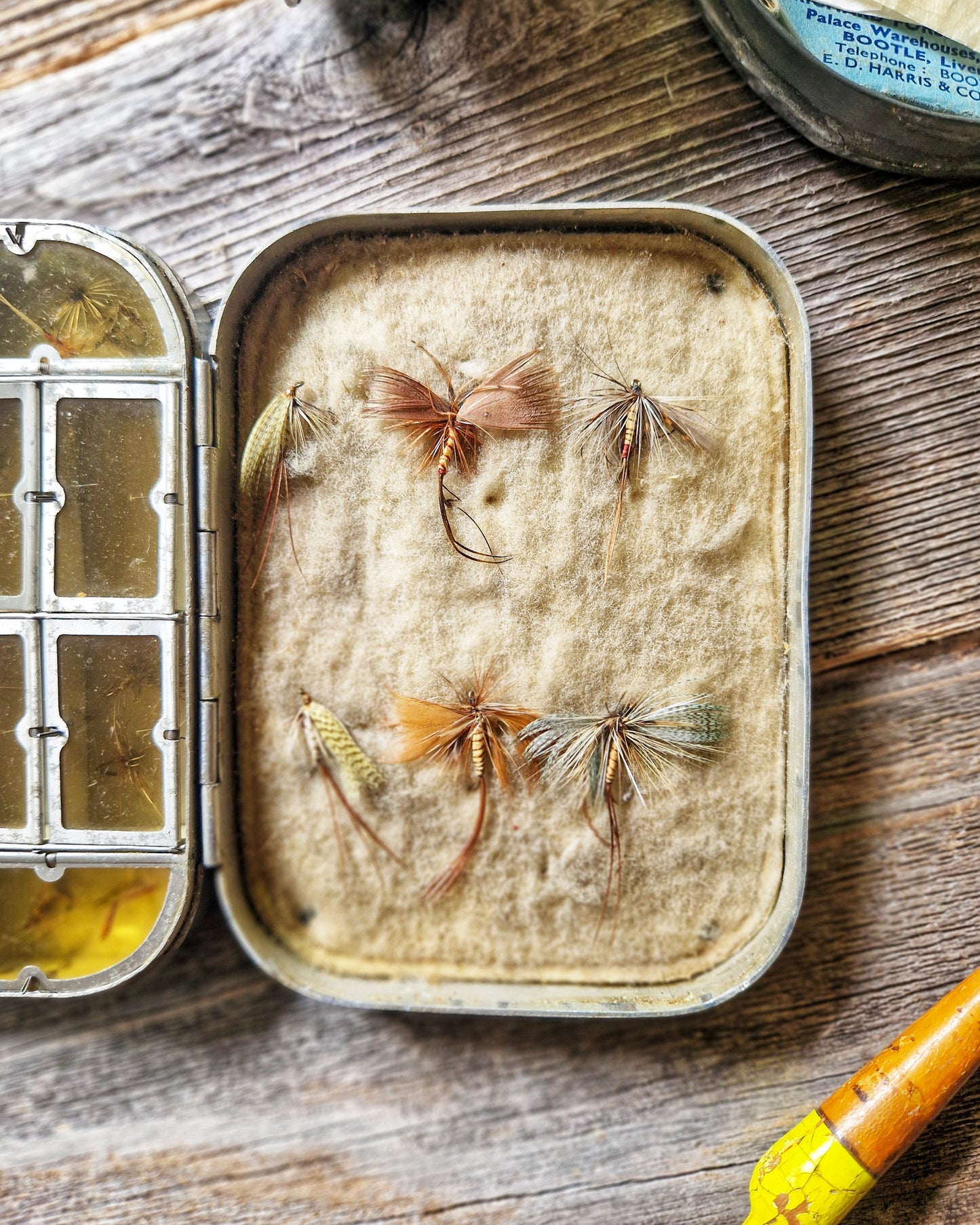 Vintage Wheatley Fly Box with 30 Flies, c. 1925-1940 | Aluminum Case with 12 Compartments, Wool Liner