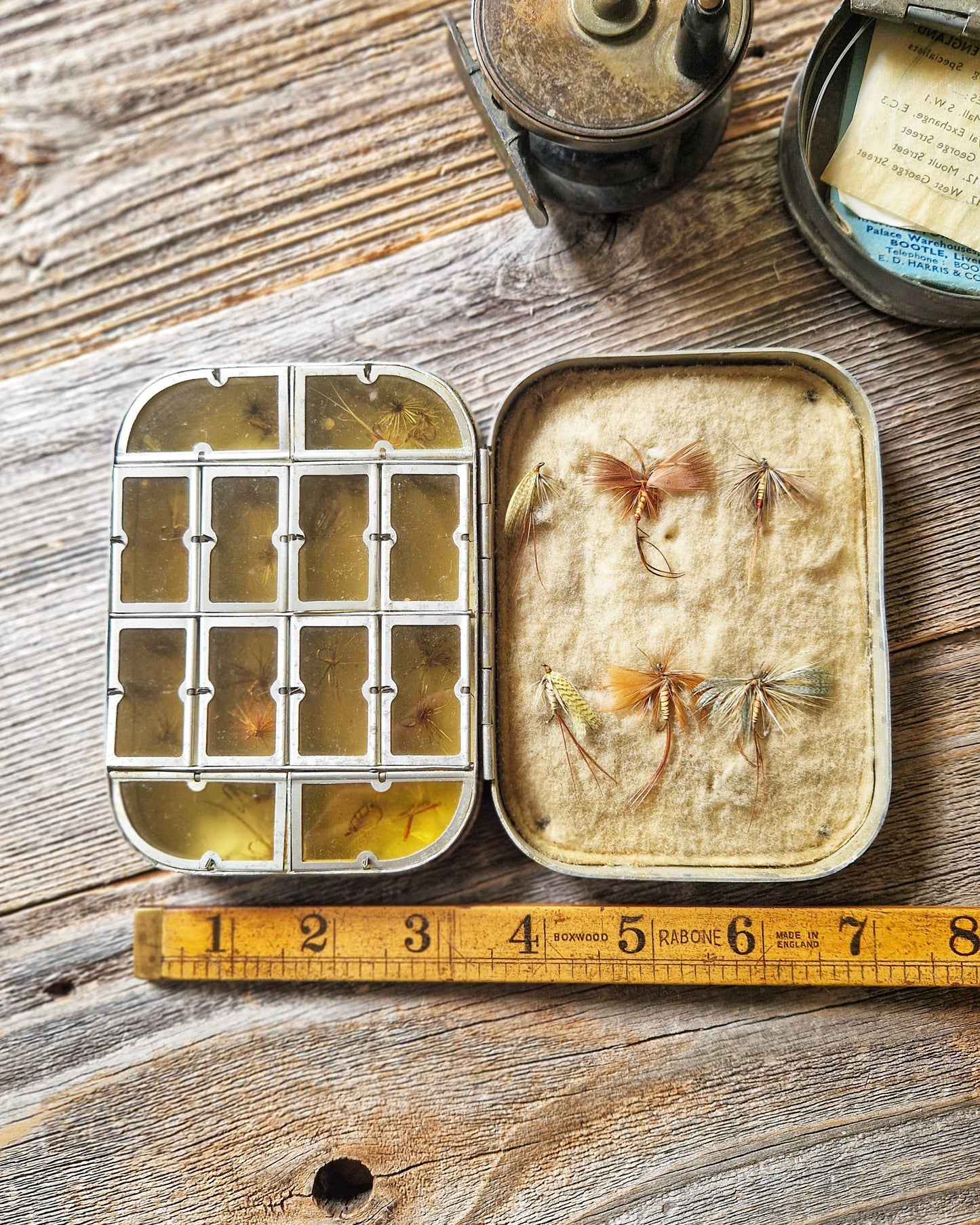 Vintage Wheatley Fly Box with 30 Flies, c. 1925-1940 | Aluminum Case with 12 Compartments, Wool Liner