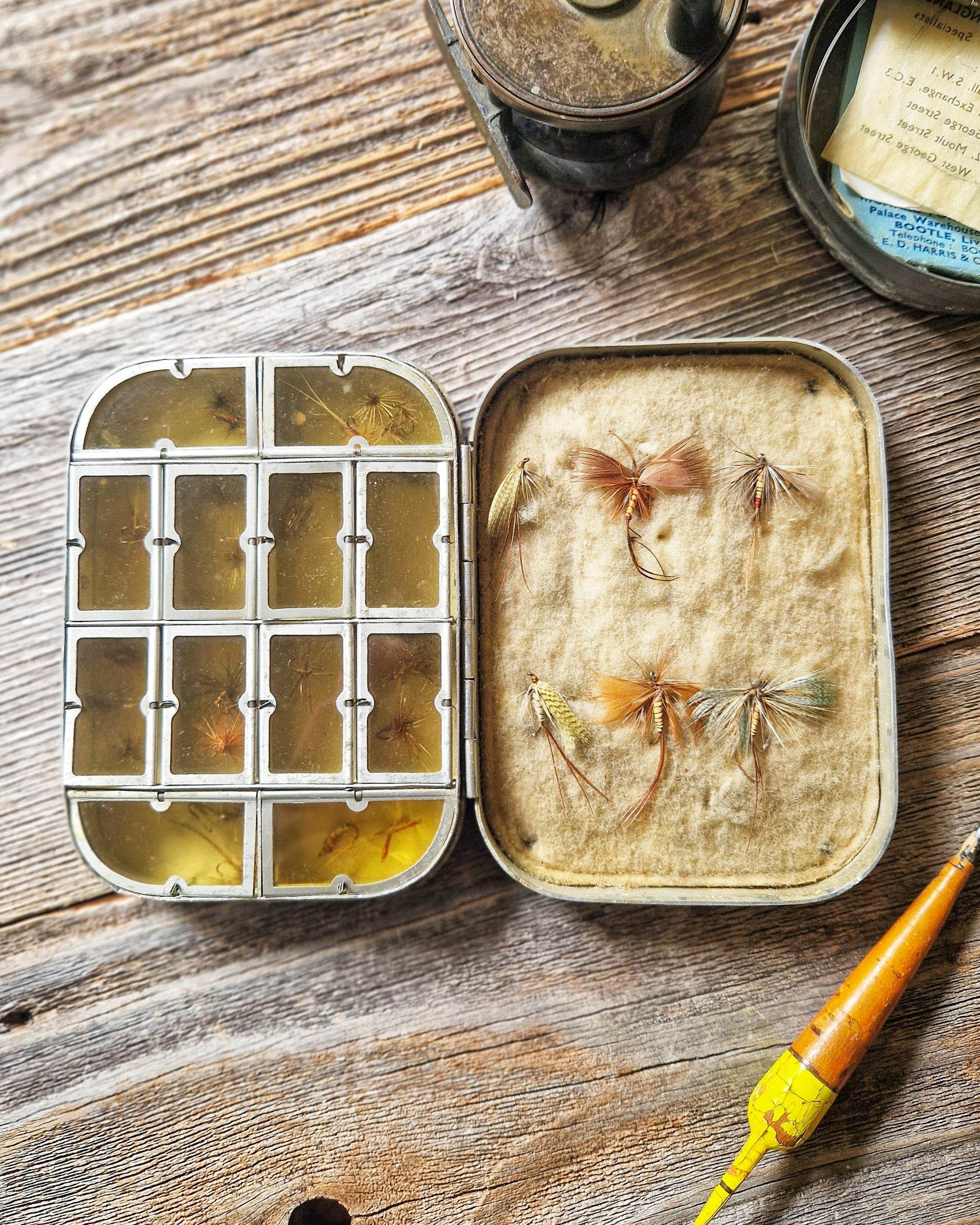 Vintage Wheatley Fly Box with 30 Flies, c. 1925-1940 | Aluminum Case with 12 Compartments, Wool Liner