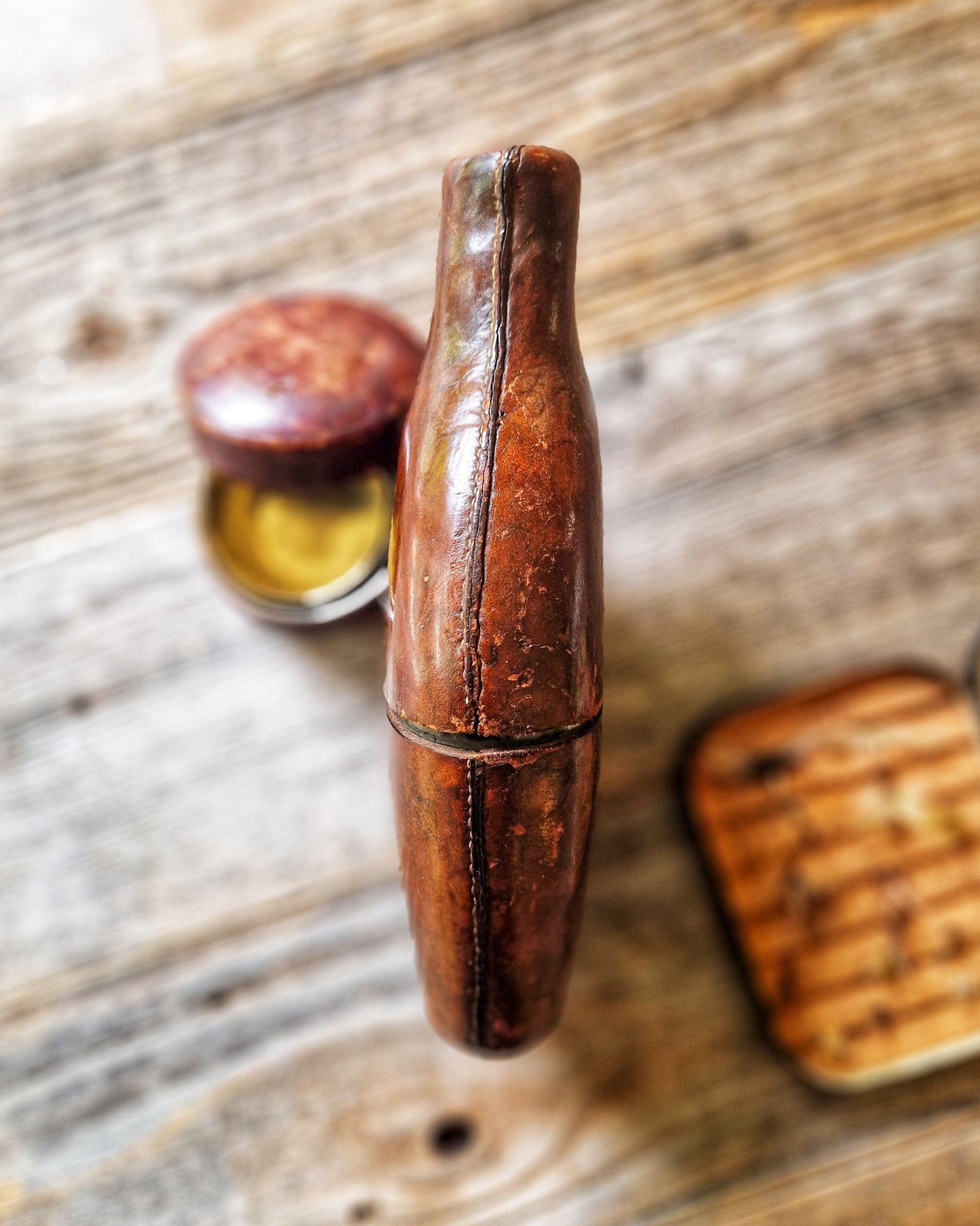 Antique English Leather-Cased Spirit Bottle, c. 1840-1870 | Hand-blown Victorian Glass with Stitched Cover