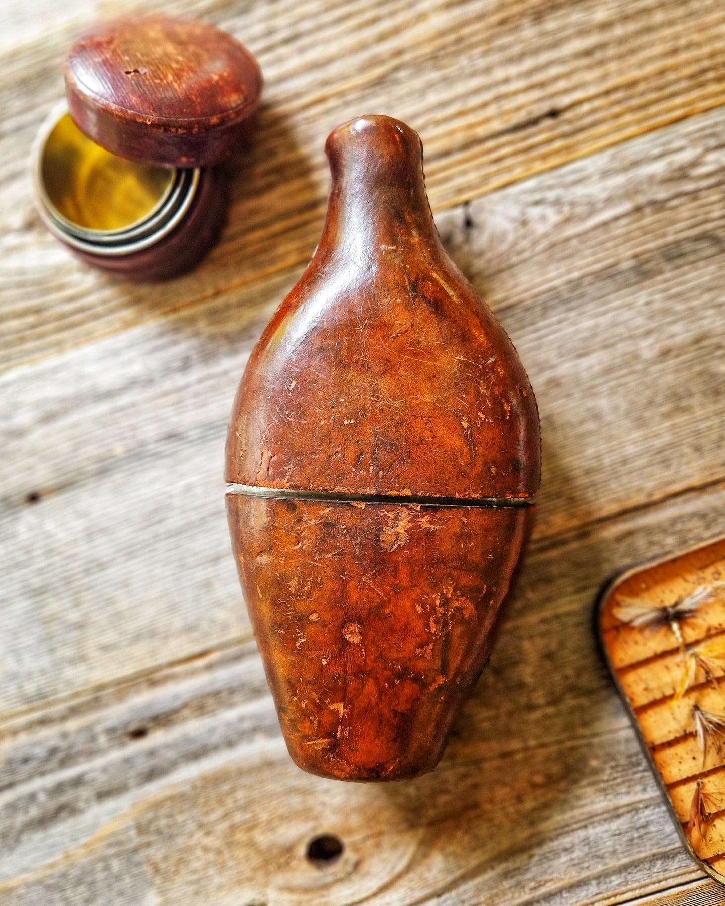 Antique English Leather-Cased Spirit Bottle, c. 1840-1870 | Hand-blown Victorian Glass with Stitched Cover