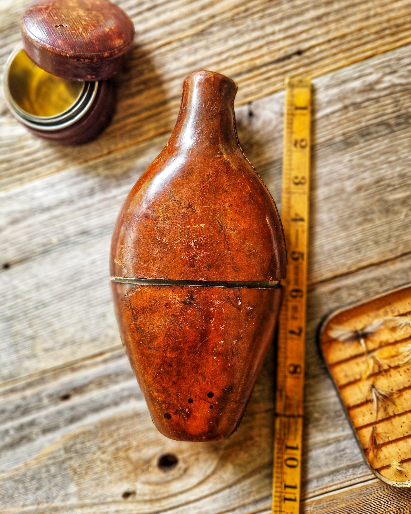 Antique English Leather-Cased Spirit Bottle, c. 1840-1870 | Hand-blown Victorian Glass with Stitched Cover