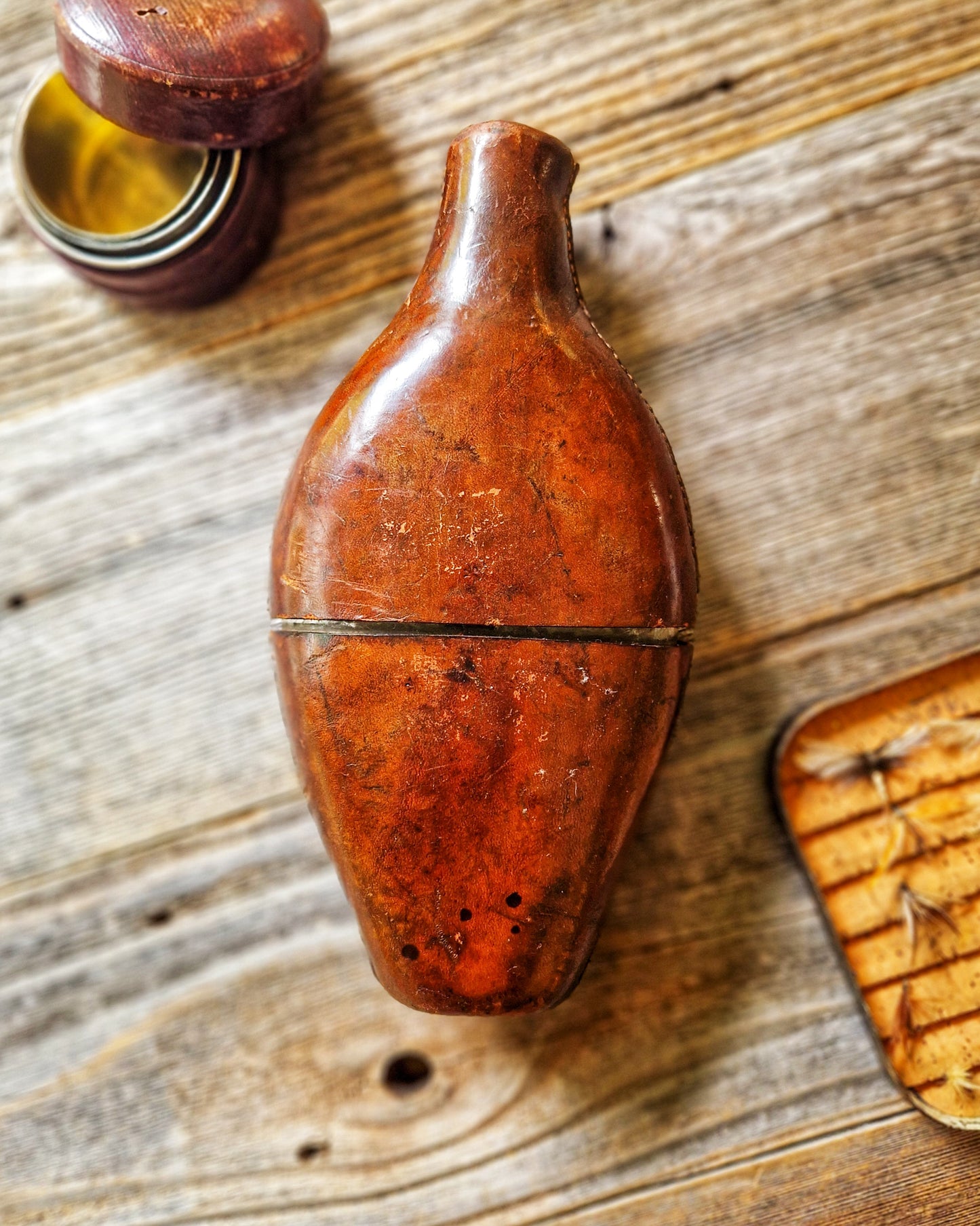 Antique English Leather-Cased Spirit Bottle, c. 1840-1870 | Hand-blown Victorian Glass with Stitched Cover