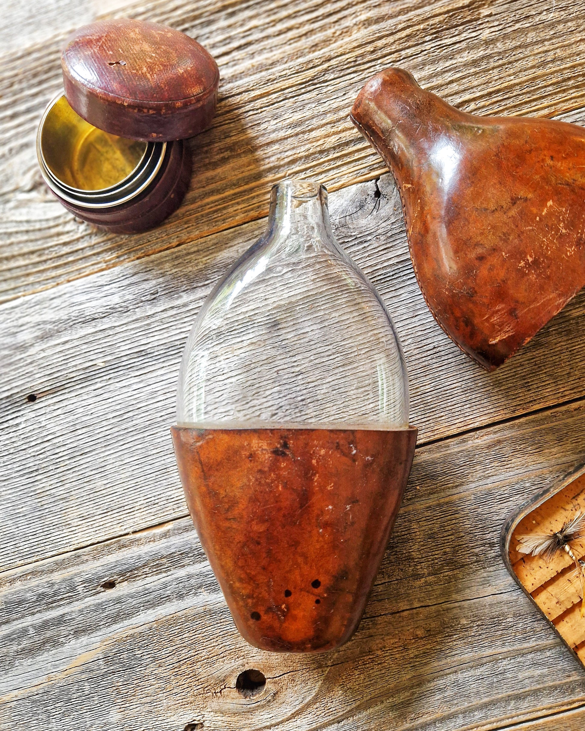 Antique English Leather-Cased Spirit Bottle, c. 1840-1870 | Hand-blown Victorian Glass with Stitched Cover