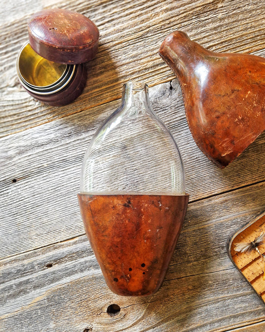 Antique English Leather-Cased Spirit Bottle, c. 1840-1870 | Hand-blown Victorian Glass with Stitched Cover