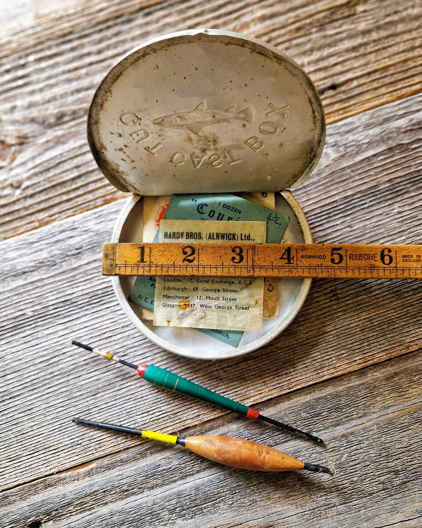 Vintage Aluminum Gut Cast Box c. 1910-1935 with Hooks & Floats | English Fishing Tin, Hardy Bros.