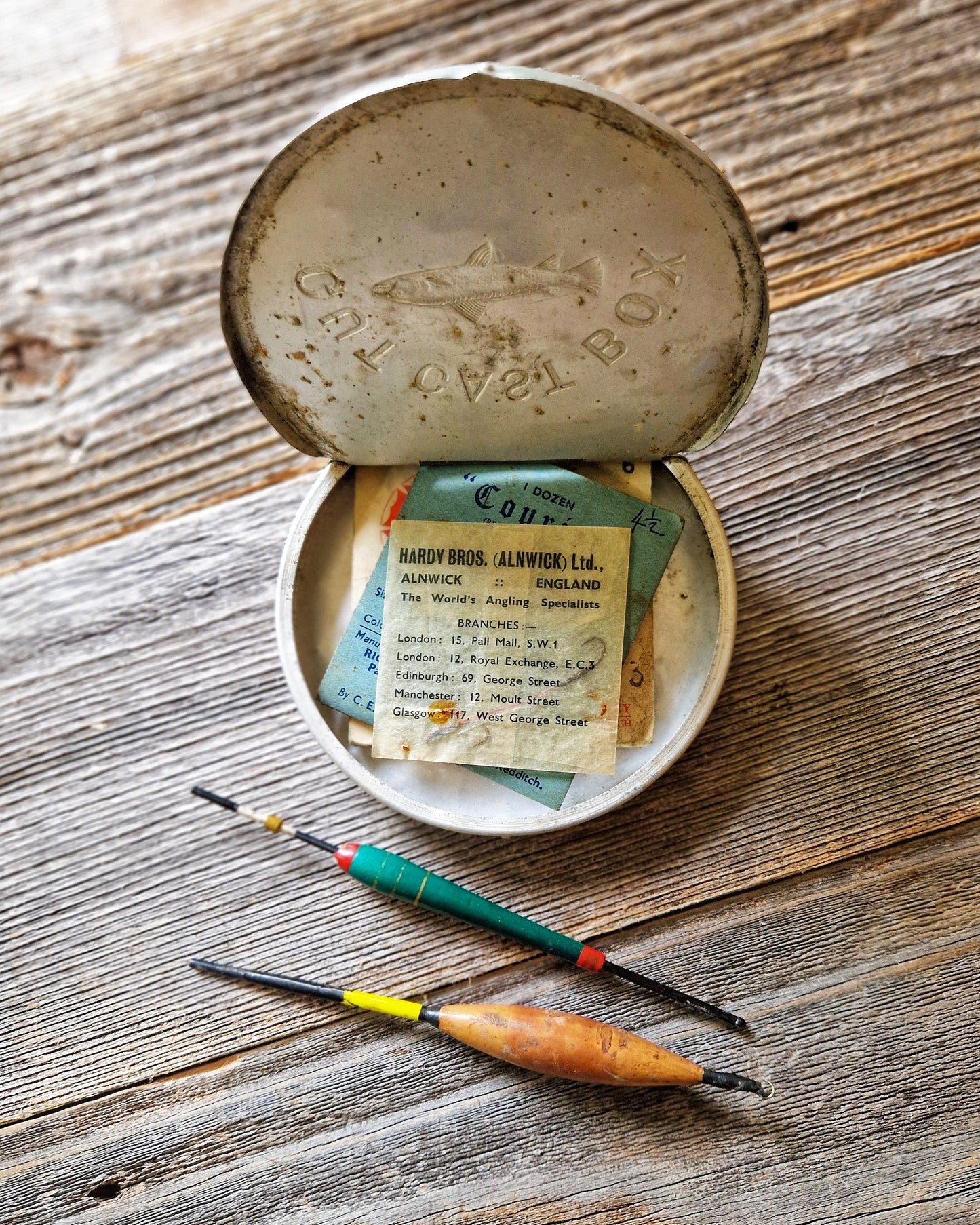 Vintage Aluminum Gut Cast Box c. 1910-1935 with Hooks & Floats | English Fishing Tin, Hardy Bros.