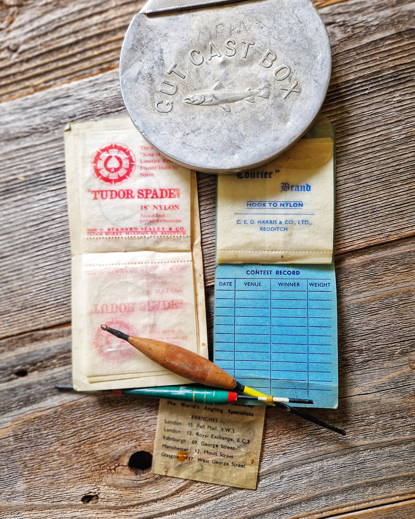 Vintage Aluminum Gut Cast Box c. 1910-1935 with Hooks & Floats | English Fishing Tin, Hardy Bros.