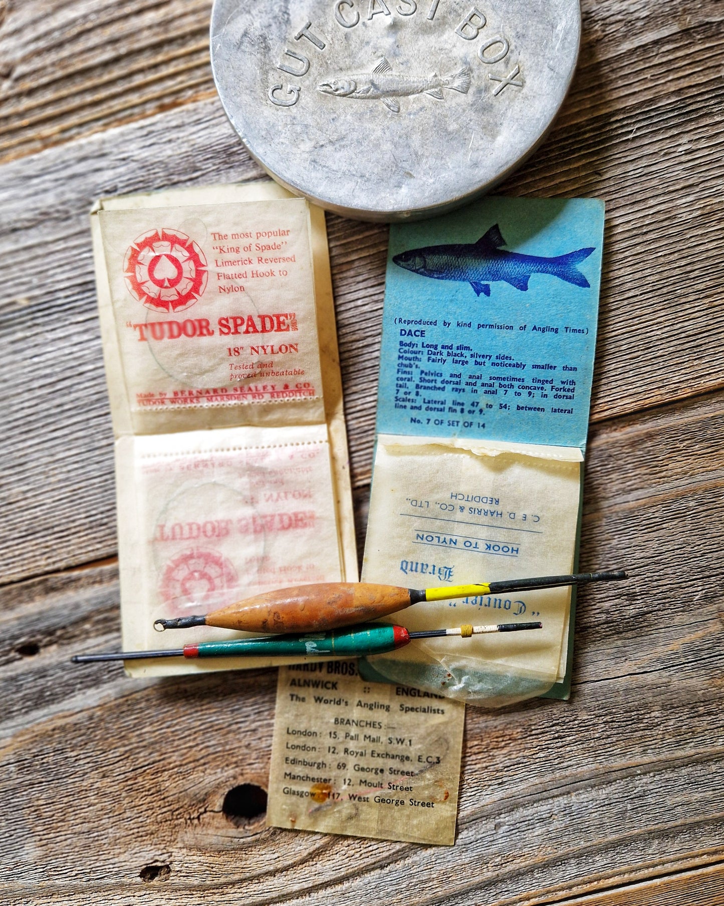 Vintage Aluminum Gut Cast Box c. 1910-1935 with Hooks & Floats | English Fishing Tin, Hardy Bros.
