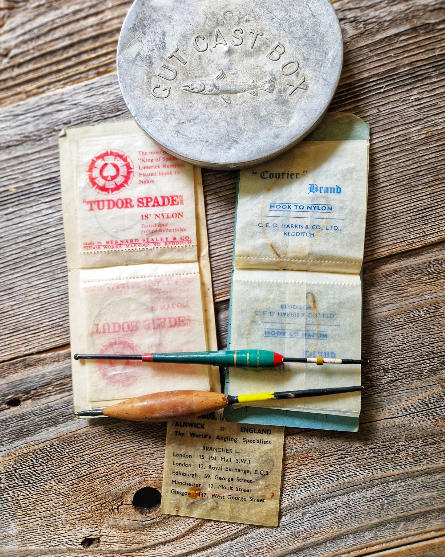 Vintage Aluminum Gut Cast Box c. 1910-1935 with Hooks & Floats | English Fishing Tin, Hardy Bros.