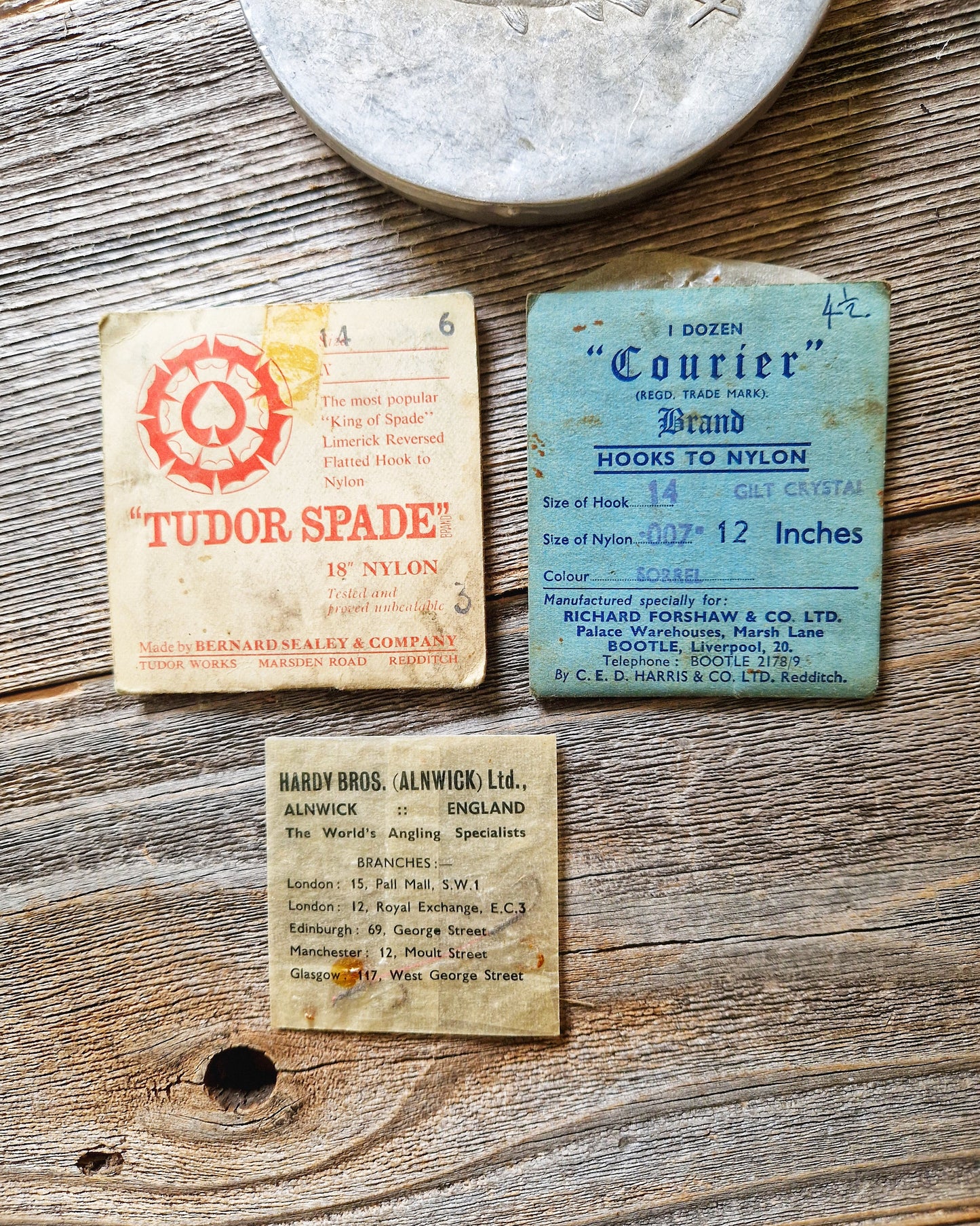 Vintage Aluminum Gut Cast Box c. 1910-1935 with Hooks & Floats | English Fishing Tin, Hardy Bros.
